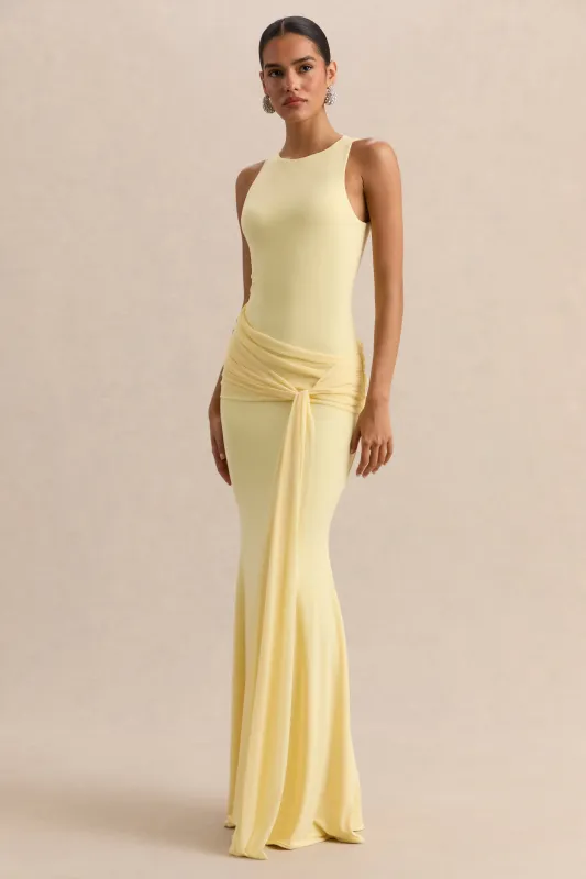 Mirene | Lemon Round-Neck Maxi-Dress With Gathered-Detailing And Sash made by Club L London