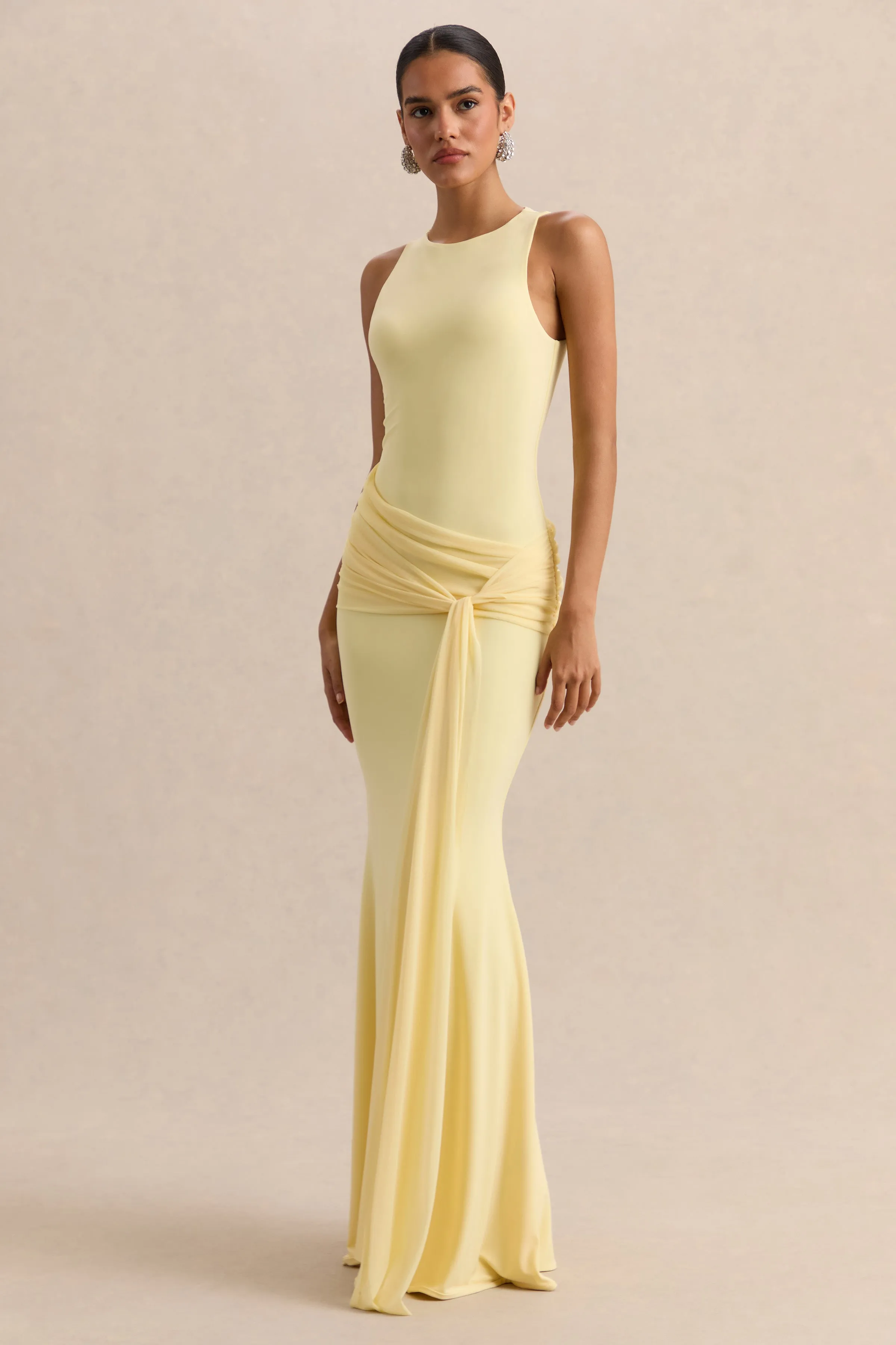 Mirene | Lemon Round-Neck Maxi-Dress With Gathered-Detailing And Sash sold by Club L London