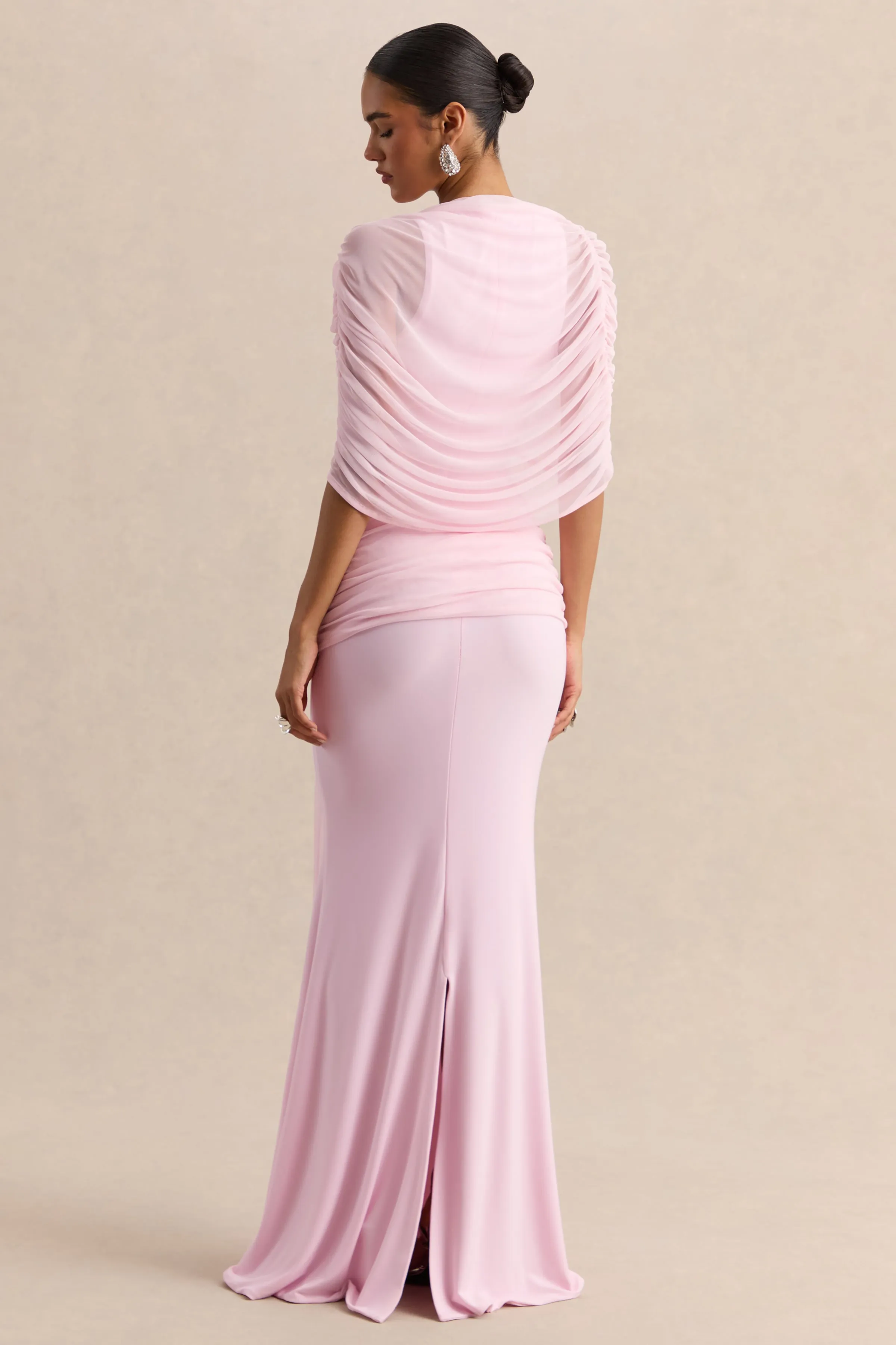 Mirene | Light Pink Round-Neck Maxi-Dress With Gathered-Detailing And Sash sold by Club L London product image thumbnail 4