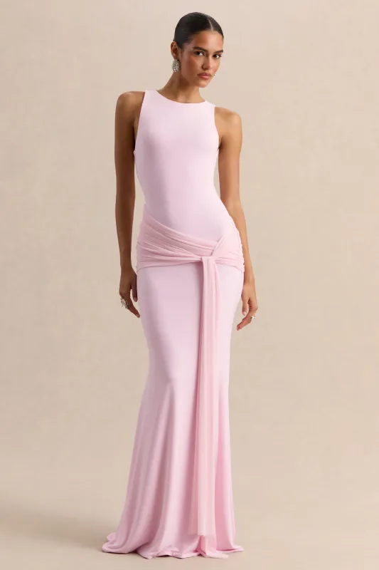 Mirene | Light Pink Round-Neck Maxi-Dress With Gathered-Detailing And Sash made by Club L London