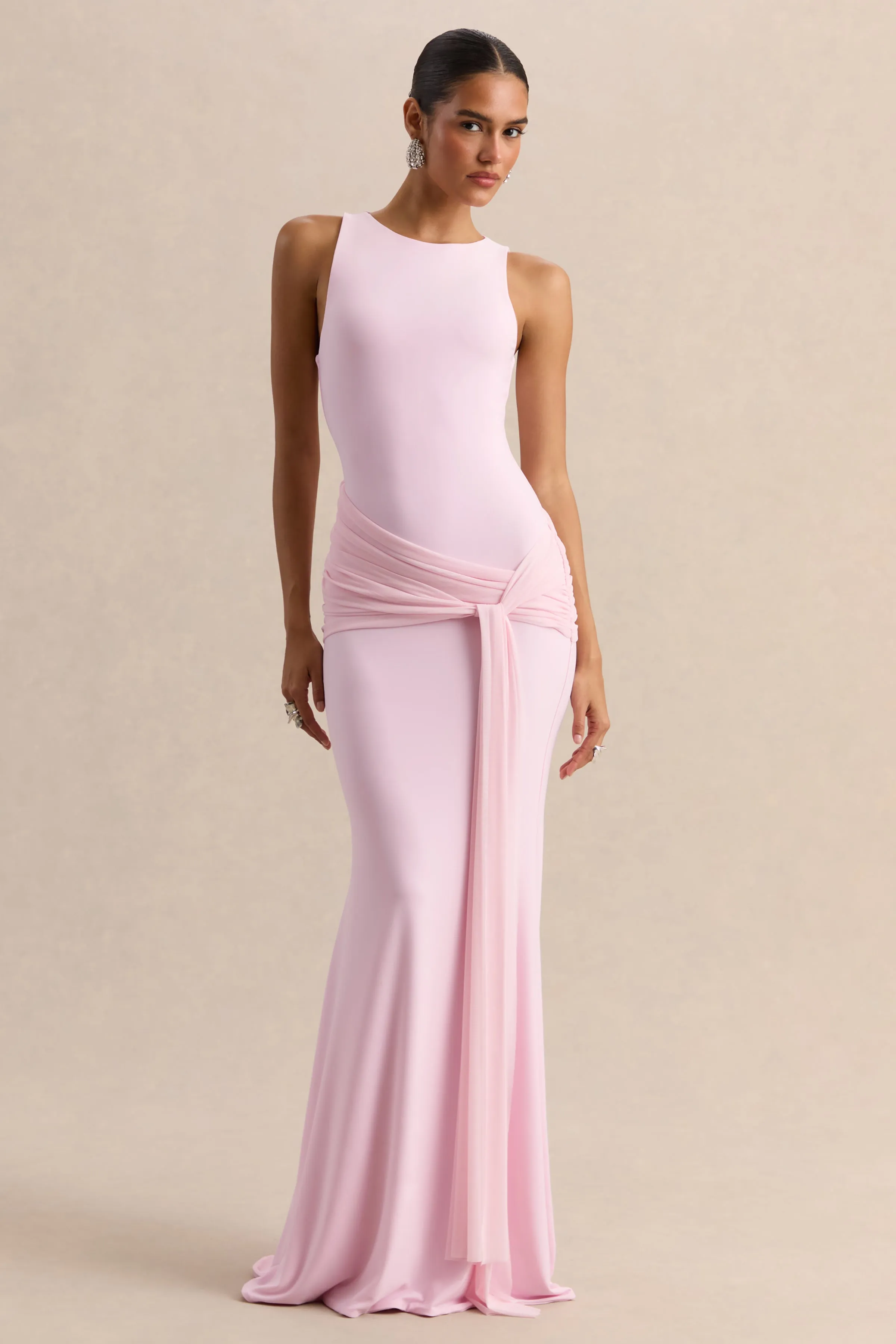 Mirene | Light Pink Round-Neck Maxi-Dress With Gathered-Detailing And Sash sold by Club L London