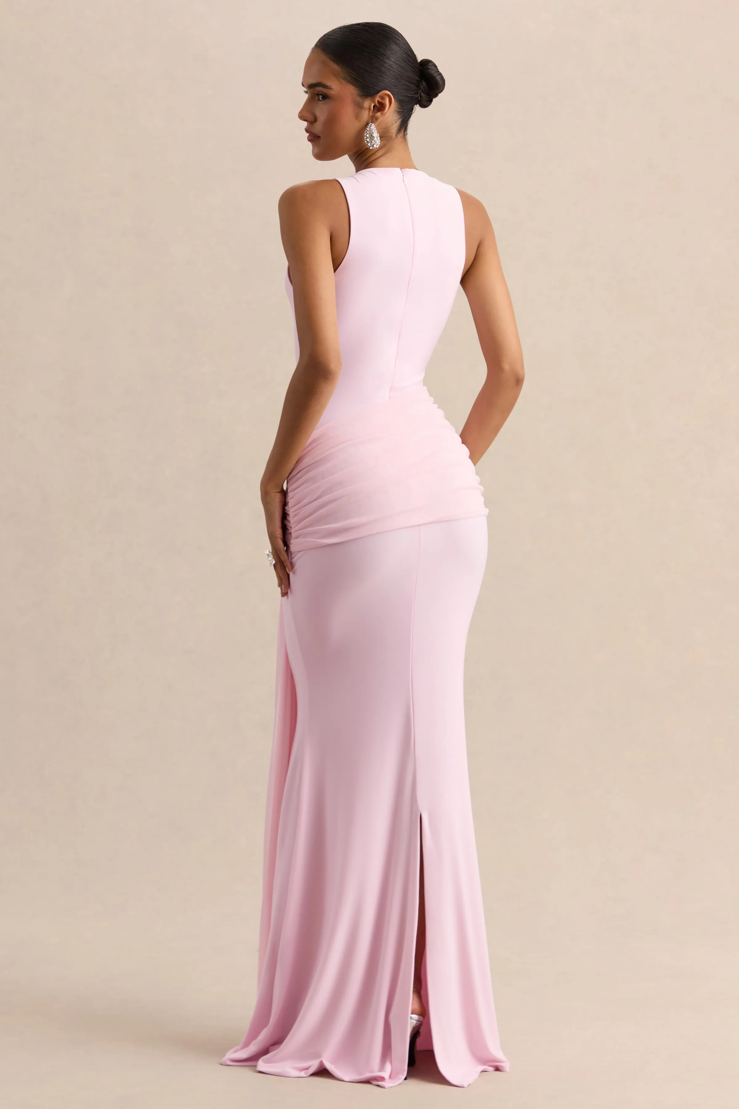 Mirene | Light Pink Round-Neck Maxi-Dress With Gathered-Detailing And Sash sold by Club L London product image thumbnail 2