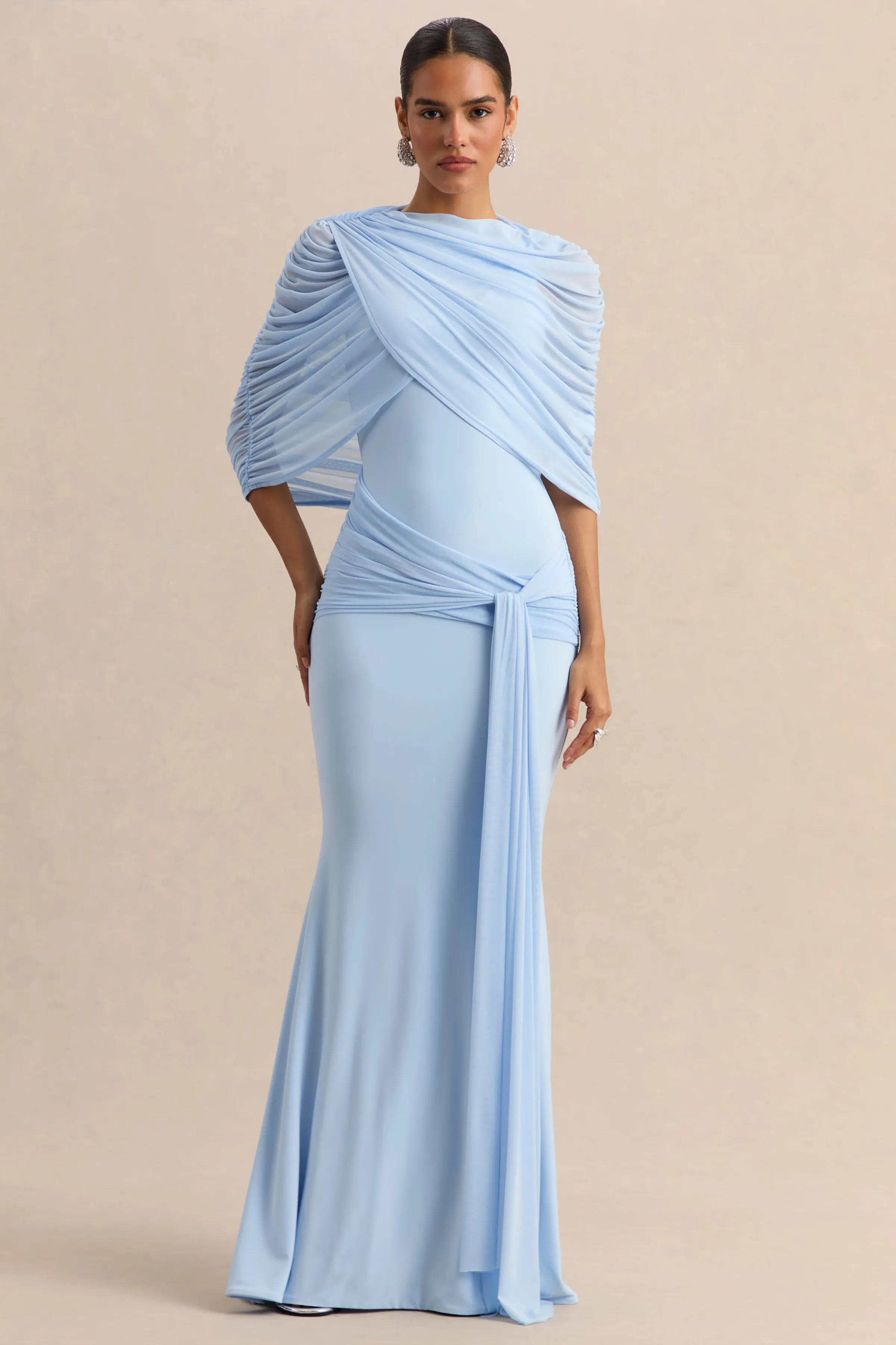 Mirene | Powder Blue Round-Neck Maxi-Dress With Gathered-Detailing And Sash sold by Club L London product image thumbnail 3