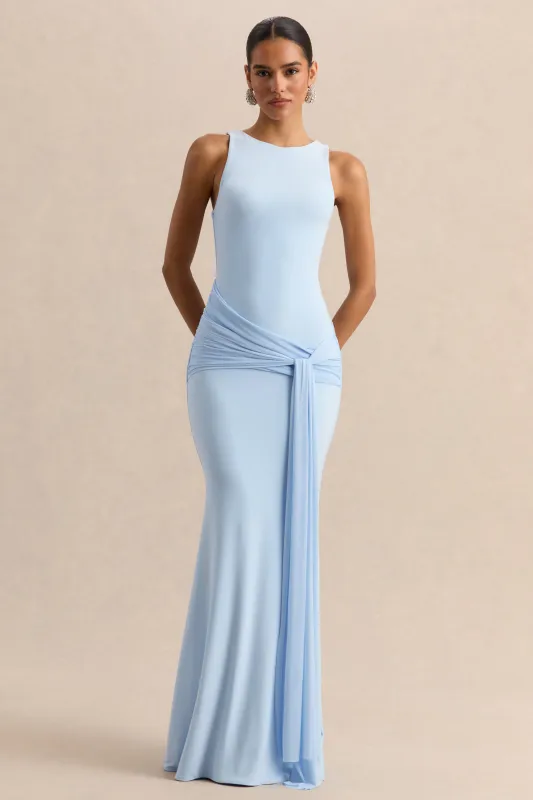 Mirene | Powder Blue Round-Neck Maxi-Dress With Gathered-Detailing And Sash made by Club L London