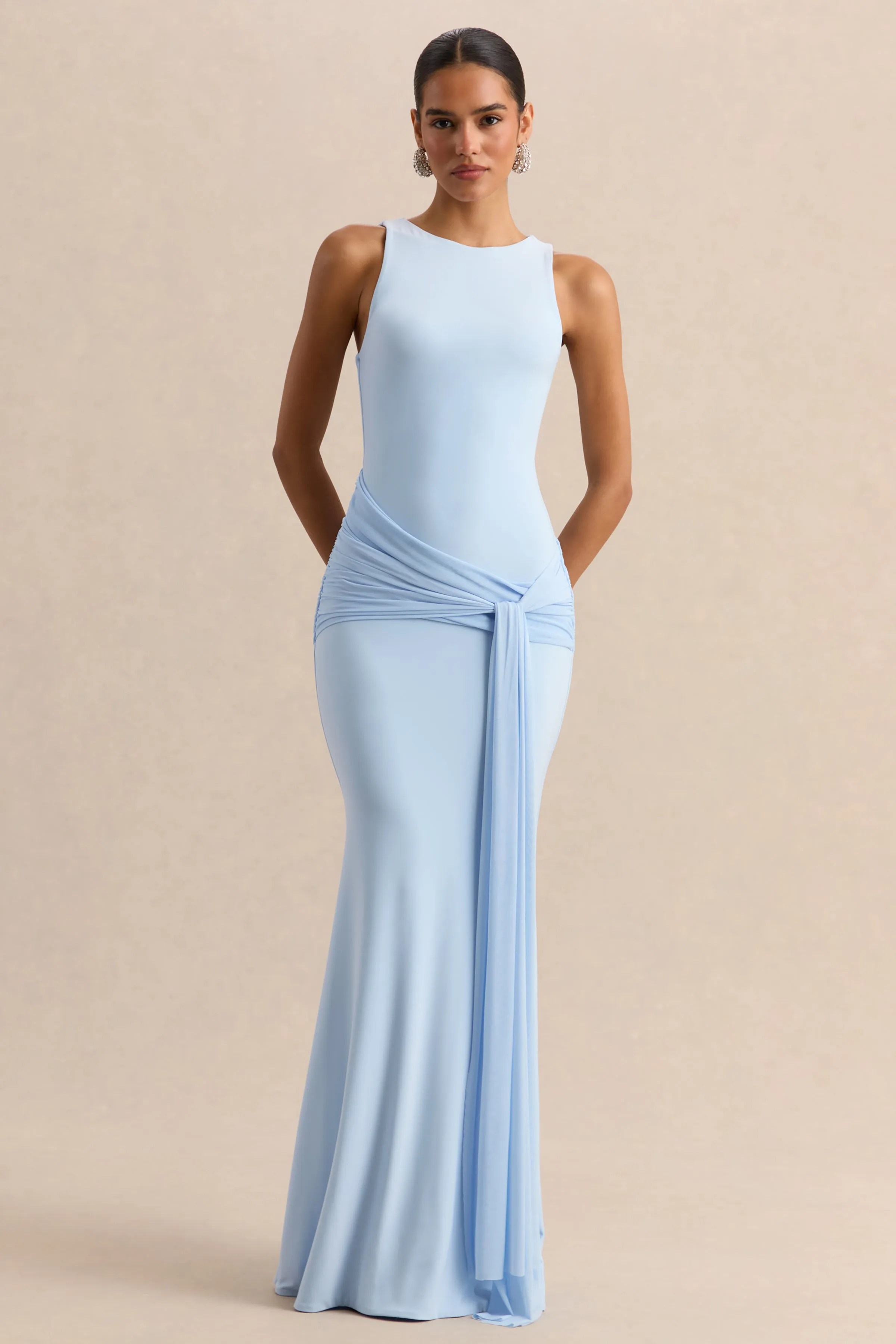 Mirene | Powder Blue Round-Neck Maxi-Dress With Gathered-Detailing And Sash sold by Club L London