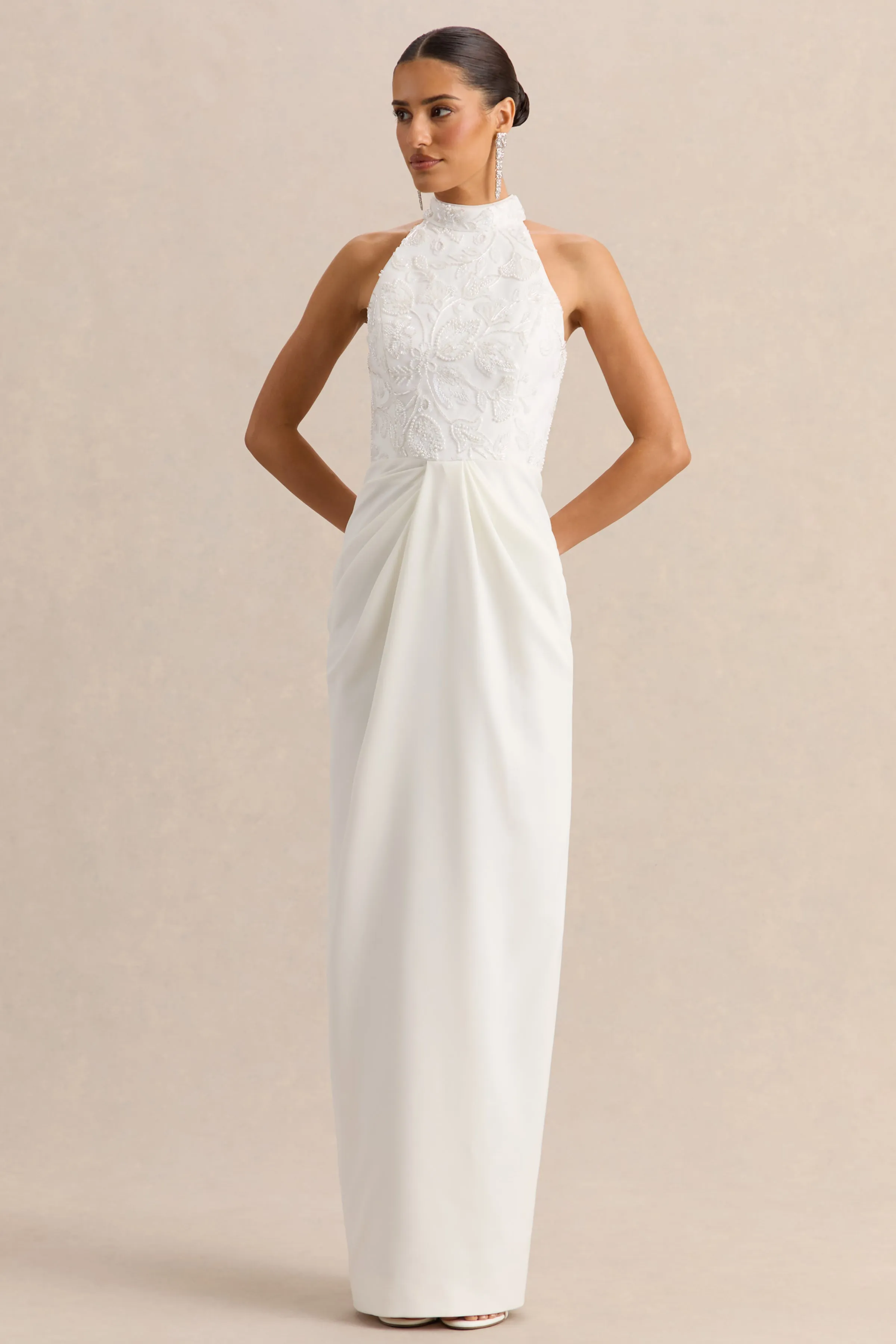 Charlotte | White Halter-Neck Maxi Dress With Gathered-Detailing sold by Club L London product image thumbnail 5