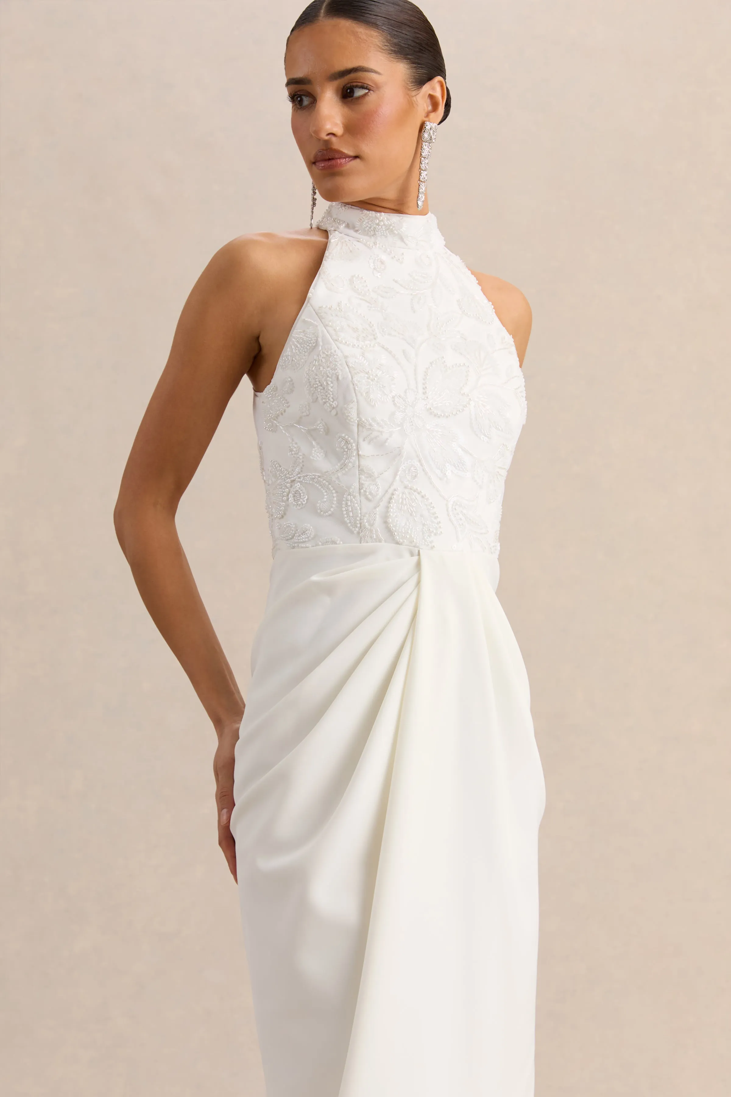 Charlotte | White Halter-Neck Maxi Dress With Gathered-Detailing sold by Club L London product image thumbnail 3