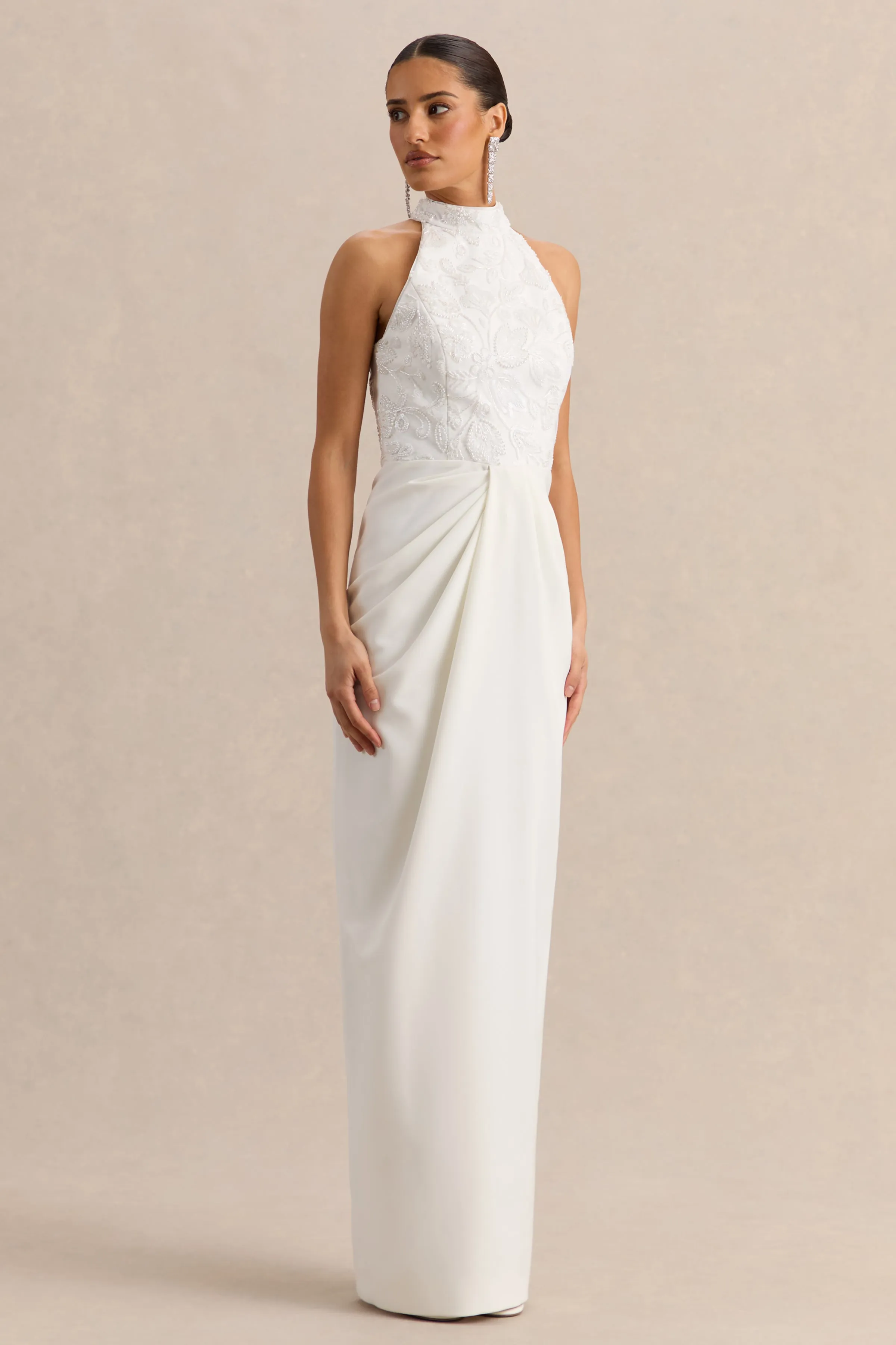 Charlotte | White Halter-Neck Maxi Dress With Gathered-Detailing sold by Club L London product image thumbnail 4