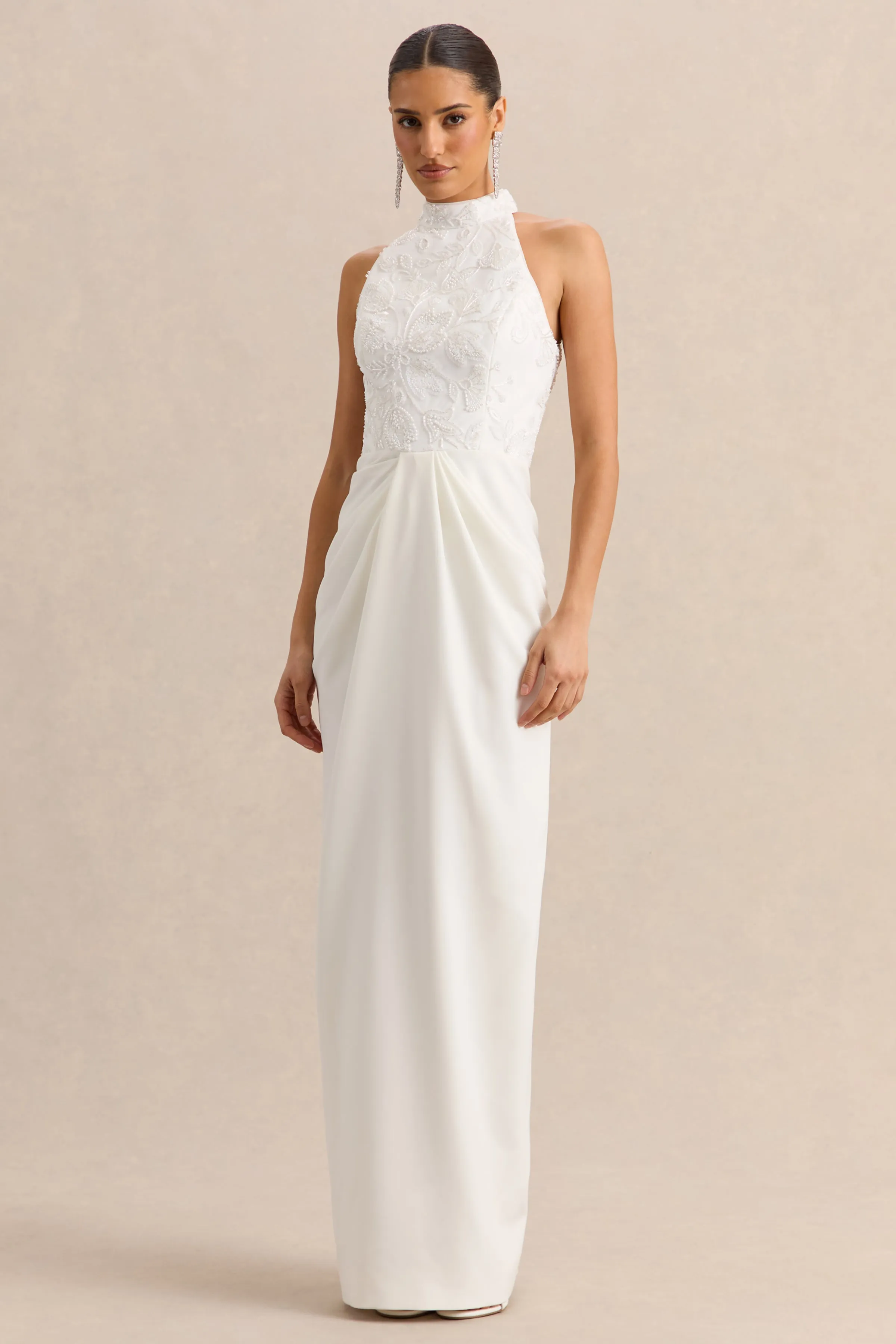 Charlotte | White Halter-Neck Maxi Dress With Gathered-Detailing sold by Club L London