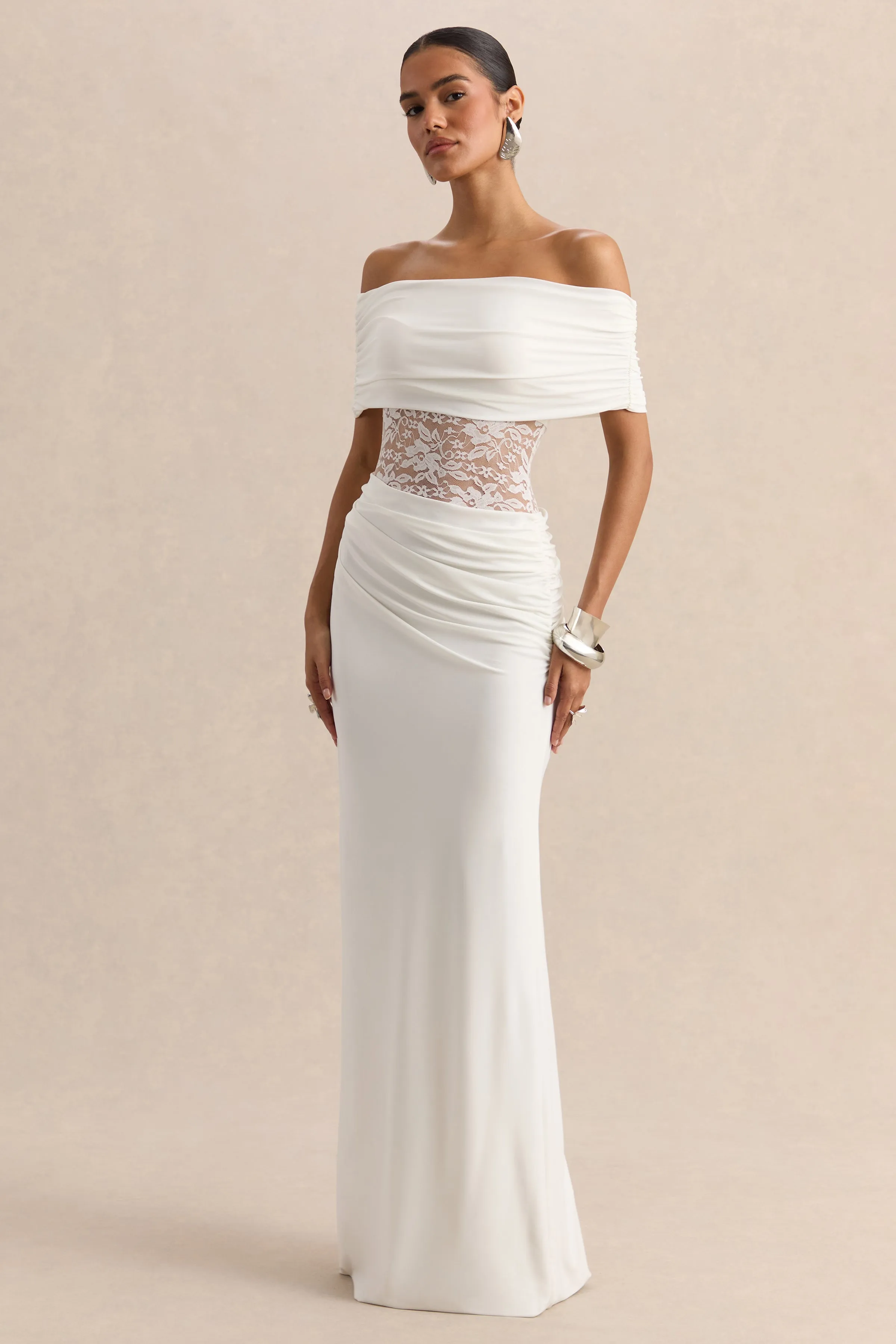 Forsya | White Bardot-Neck Maxi Dress With Lace-Detailing sold by Club L London product image thumbnail 4