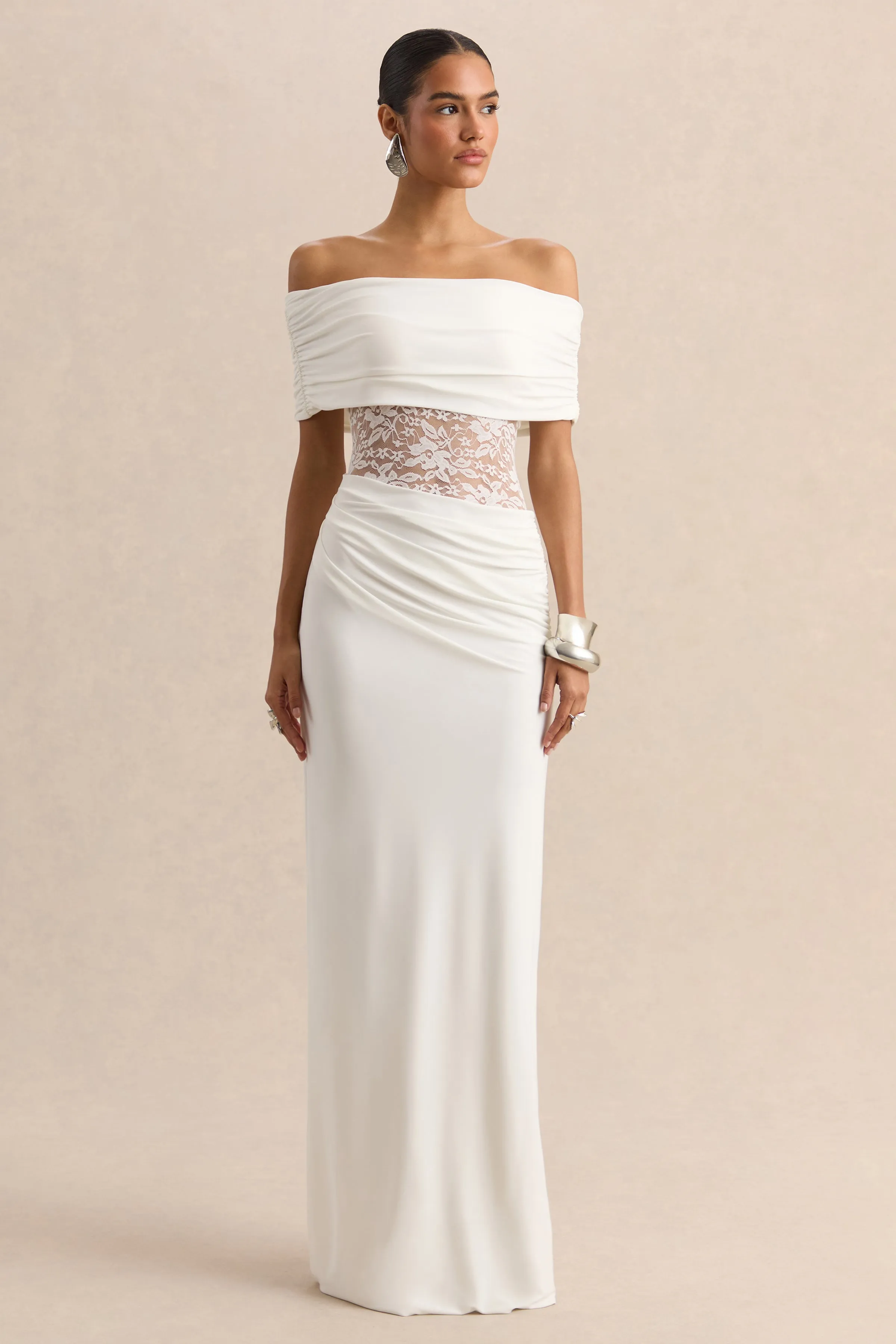 Forsya | White Bardot-Neck Maxi Dress With Lace-Detailing sold by Club L London