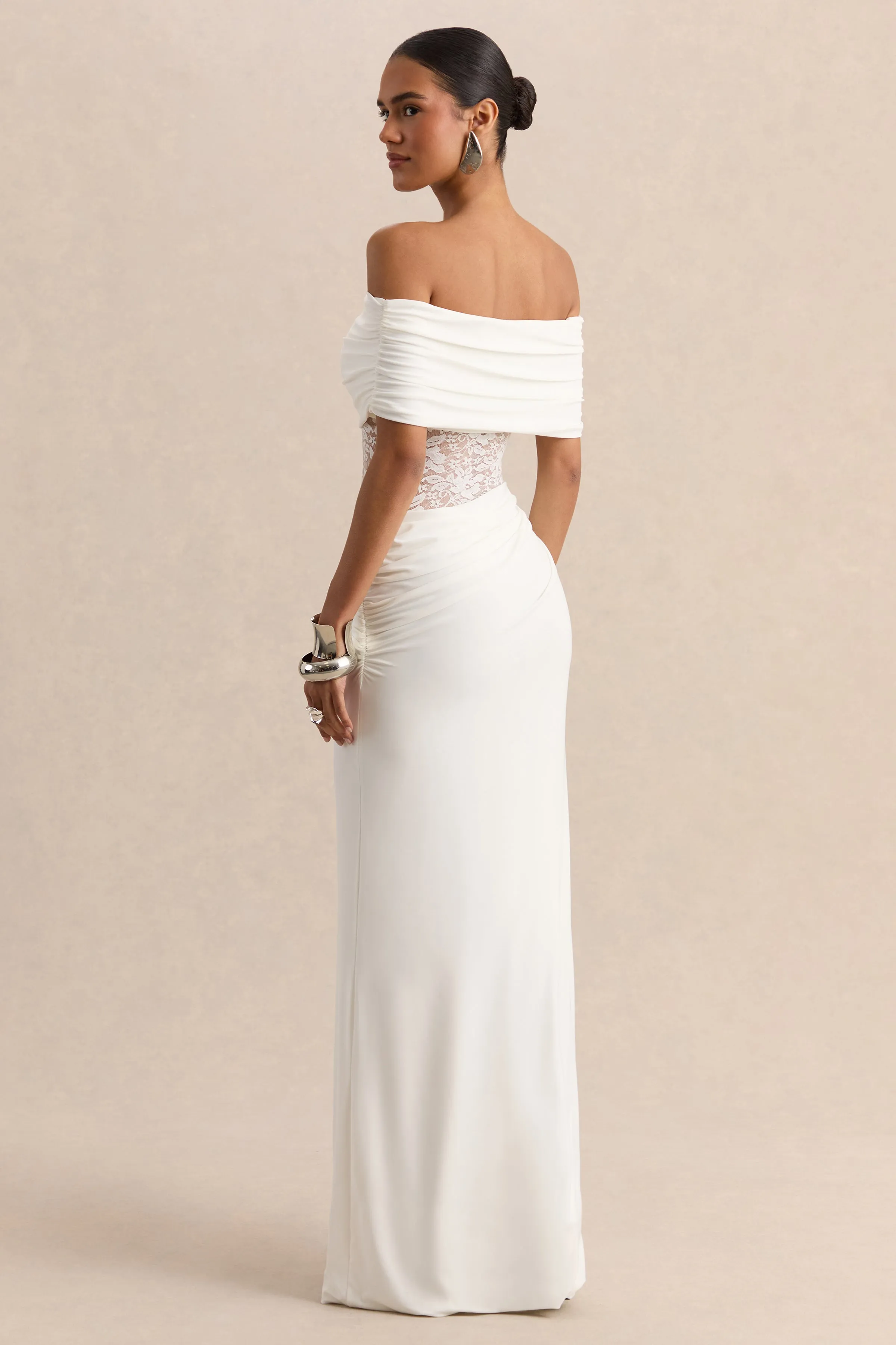 Forsya | White Bardot-Neck Maxi Dress With Lace-Detailing sold by Club L London product image thumbnail 2