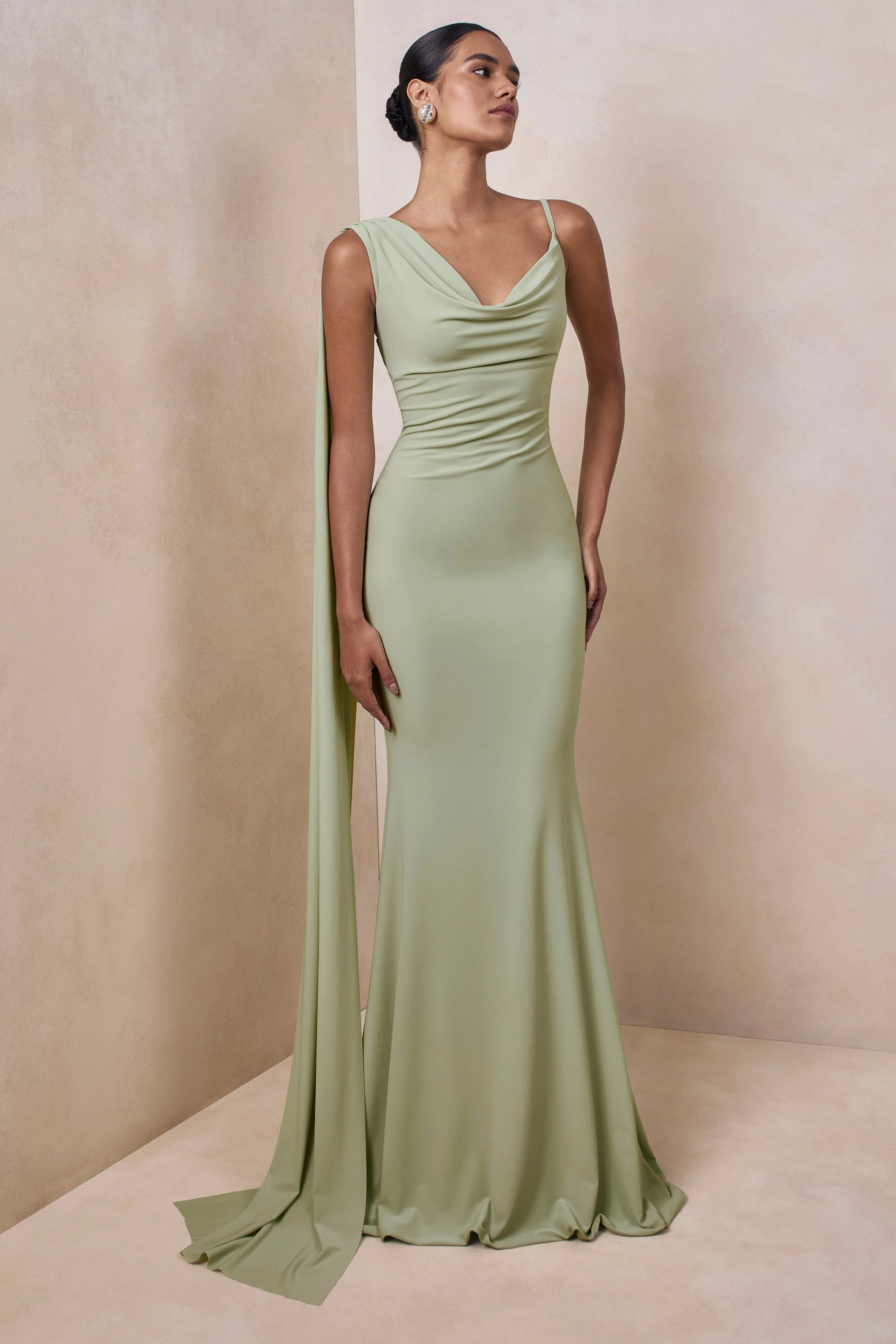 Kenza | Mint Asymmetric-Neck Maxi Dress With Scarf-Detail sold by Club L London product image thumbnail 5
