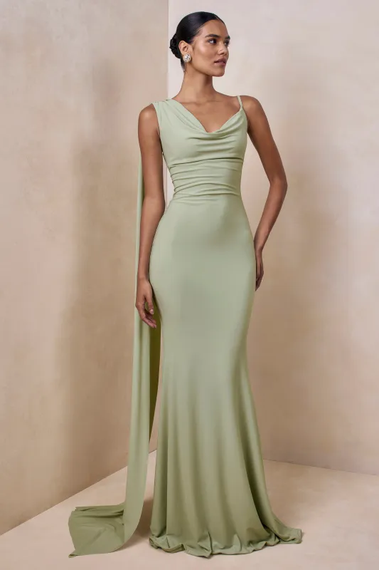 Kenza | Mint Asymmetric-Neck Maxi Dress With Scarf-Detail made by Club L London