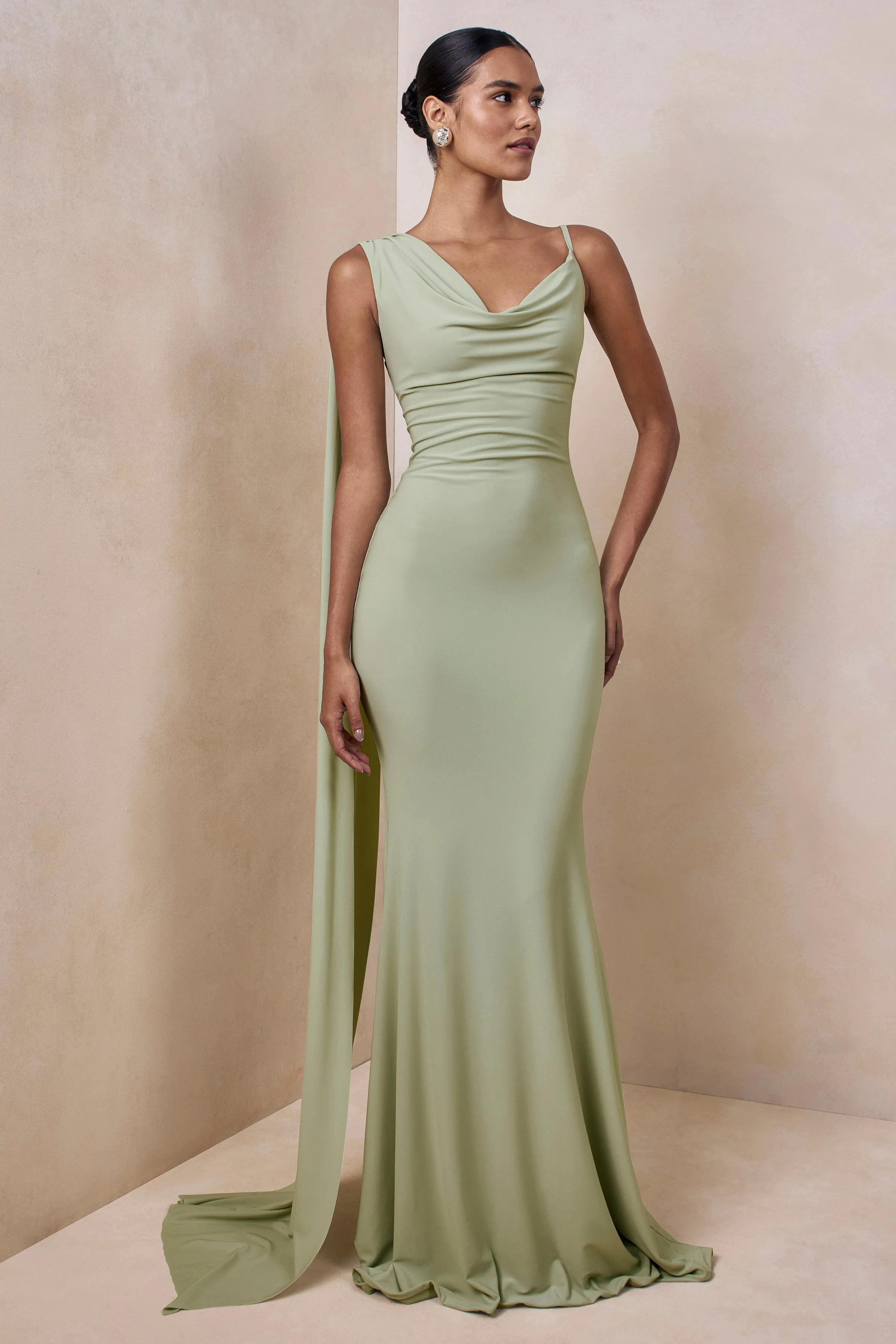 Kenza | Mint Asymmetric-Neck Maxi Dress With Scarf-Detail sold by Club L London