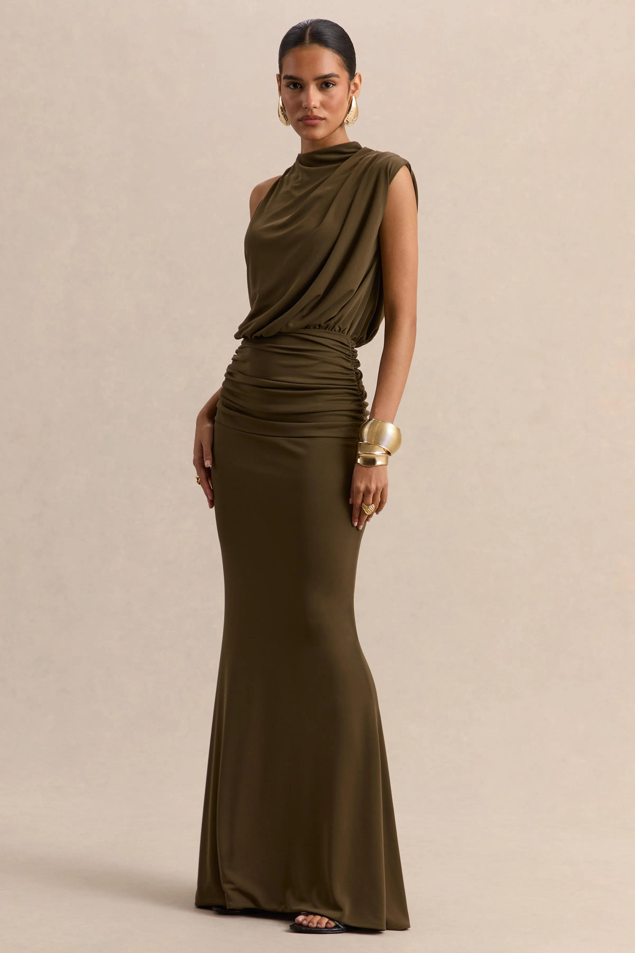 Umaira | Khaki High-Neck Maxi Dress sold by Club L London product image thumbnail 4
