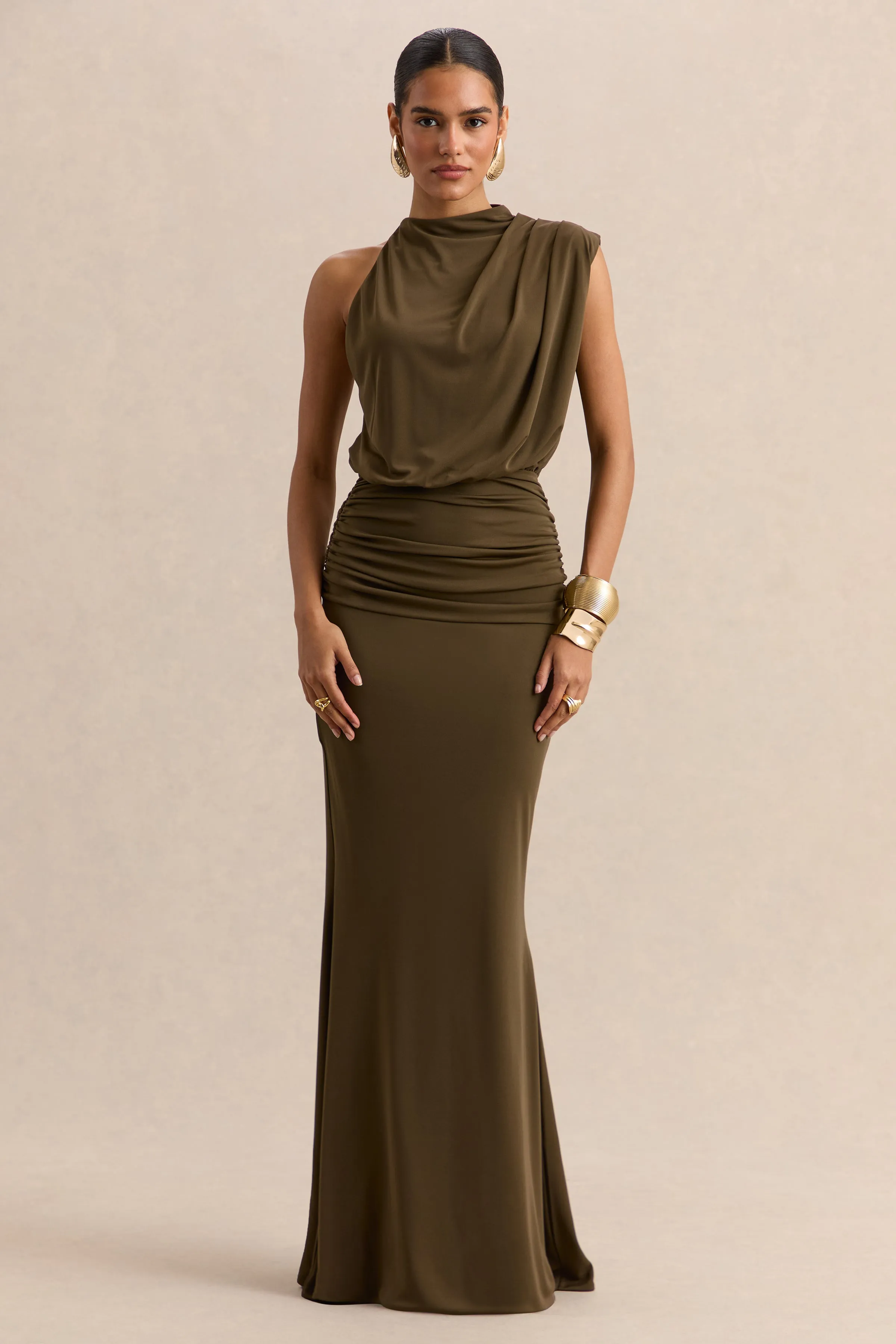 Umaira | Khaki High-Neck Maxi Dress sold by Club L London