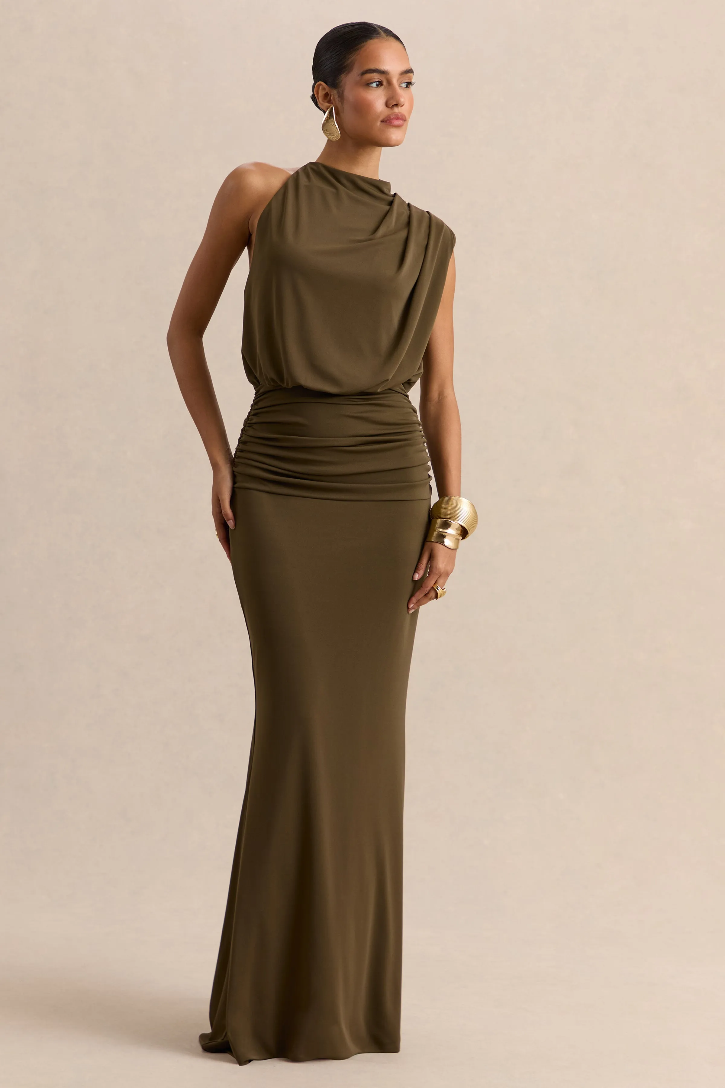 Umaira | Khaki High-Neck Maxi Dress sold by Club L London product image thumbnail 5
