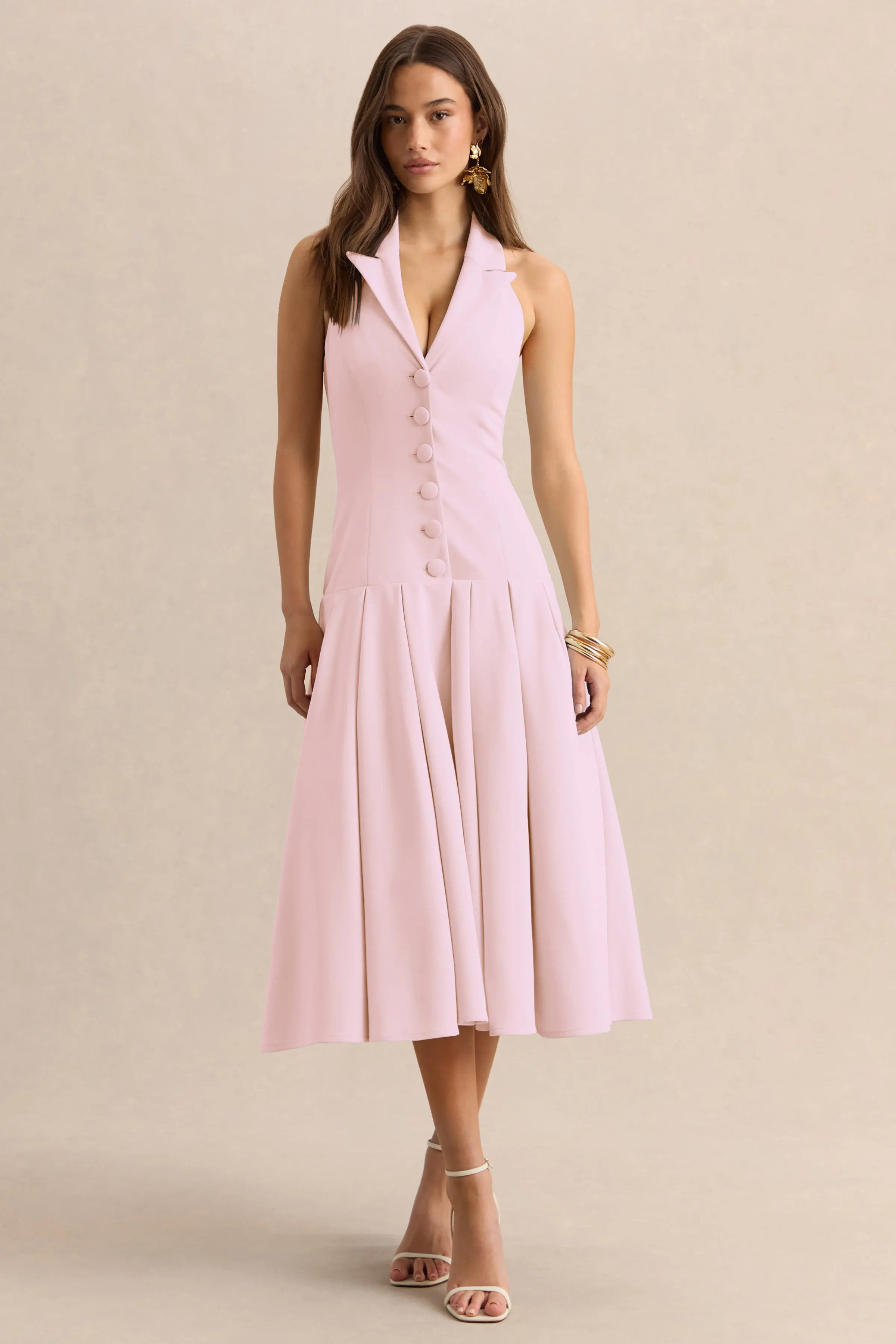 Elise | Light Pink Plunge-Neck Midi Dress With Drop-Waist sold by Club L London product image thumbnail 5