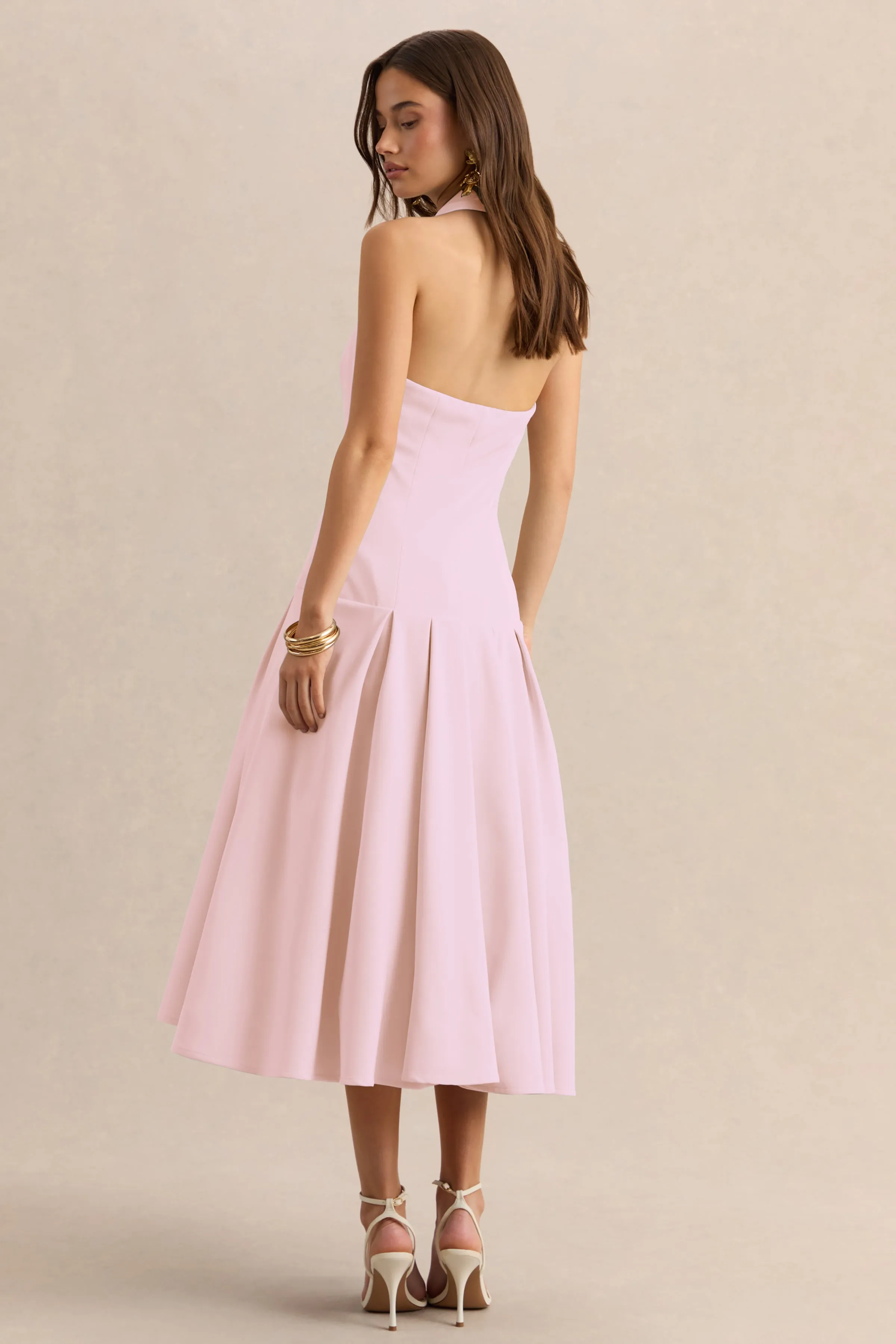 Elise | Light Pink Plunge-Neck Midi Dress With Drop-Waist sold by Club L London product image thumbnail 2