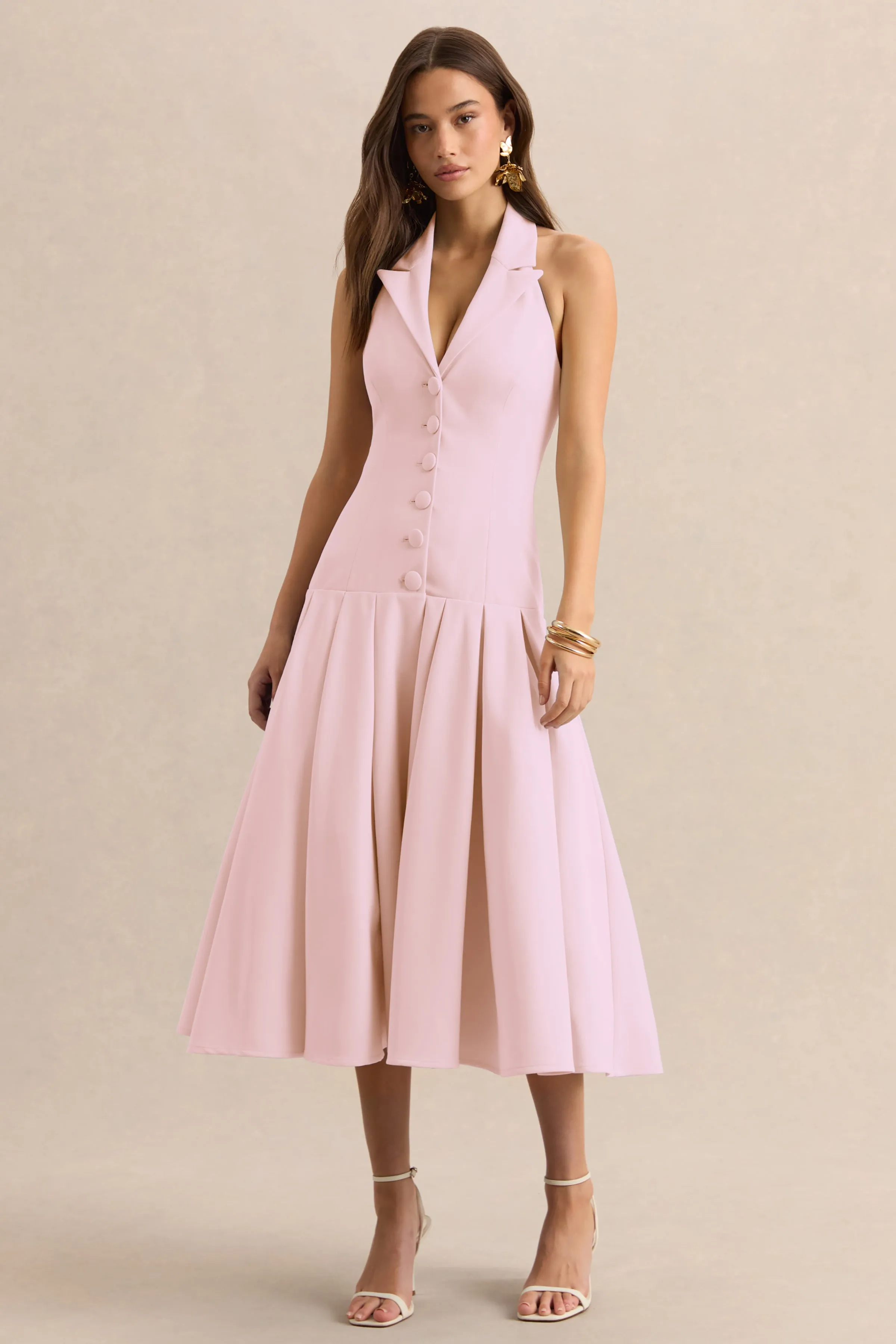 Elise | Light Pink Plunge-Neck Midi Dress With Drop-Waist sold by Club L London product image thumbnail 4