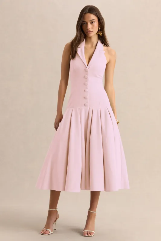 Elise | Light Pink Plunge-Neck Midi Dress With Drop-Waist made by Club L London