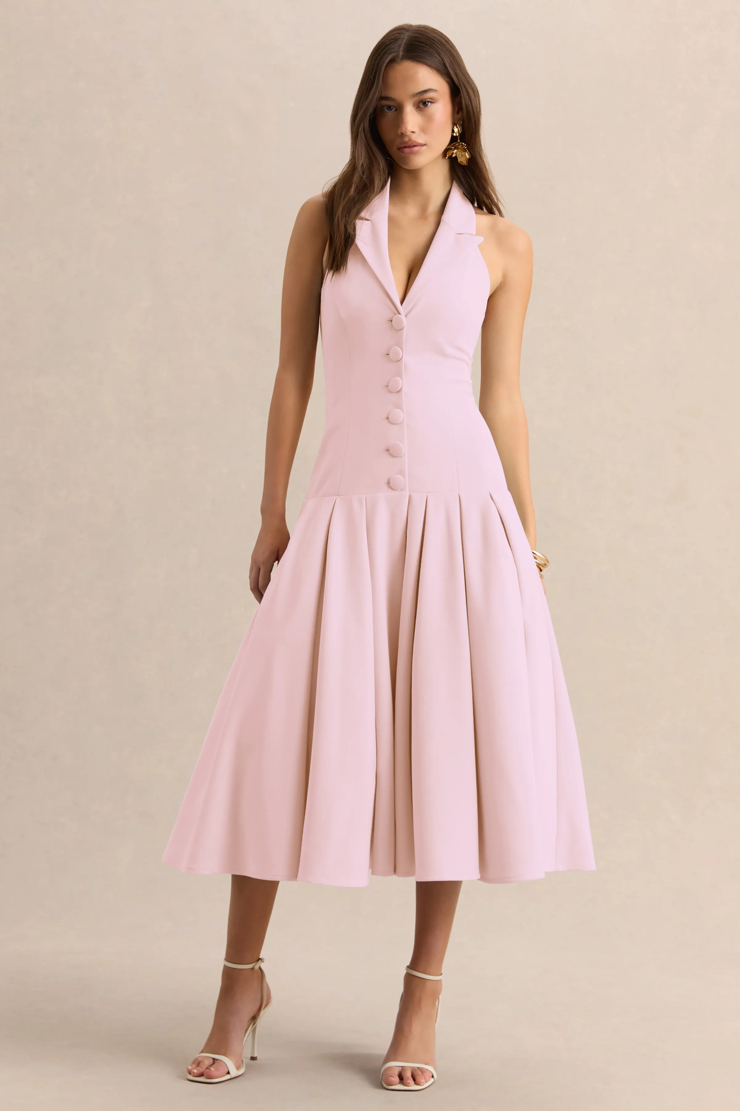 Elise | Light Pink Plunge-Neck Midi Dress With Drop-Waist sold by Club L London