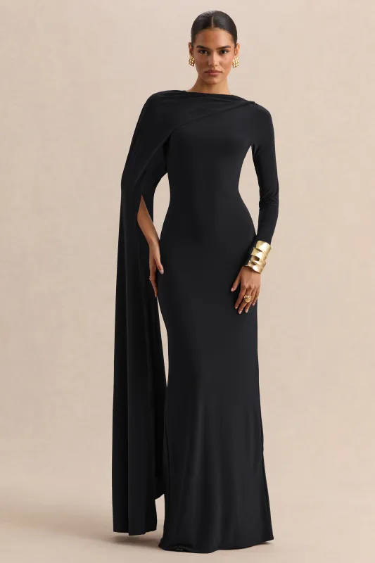 Halina | Black High-Neck Maxi Dress With Cape-Sleeve made by Club L London