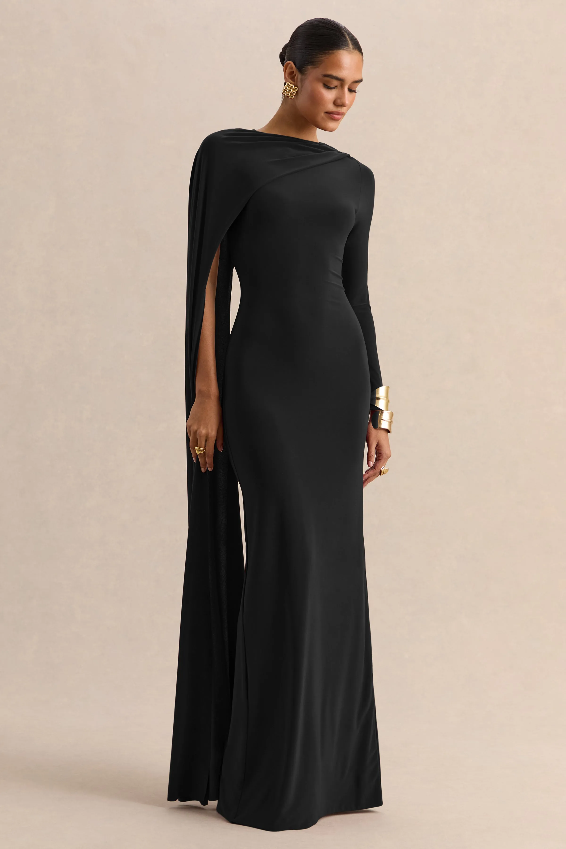Halina | Black High-Neck Maxi Dress With Cape-Sleeve sold by Club L London product image thumbnail 4