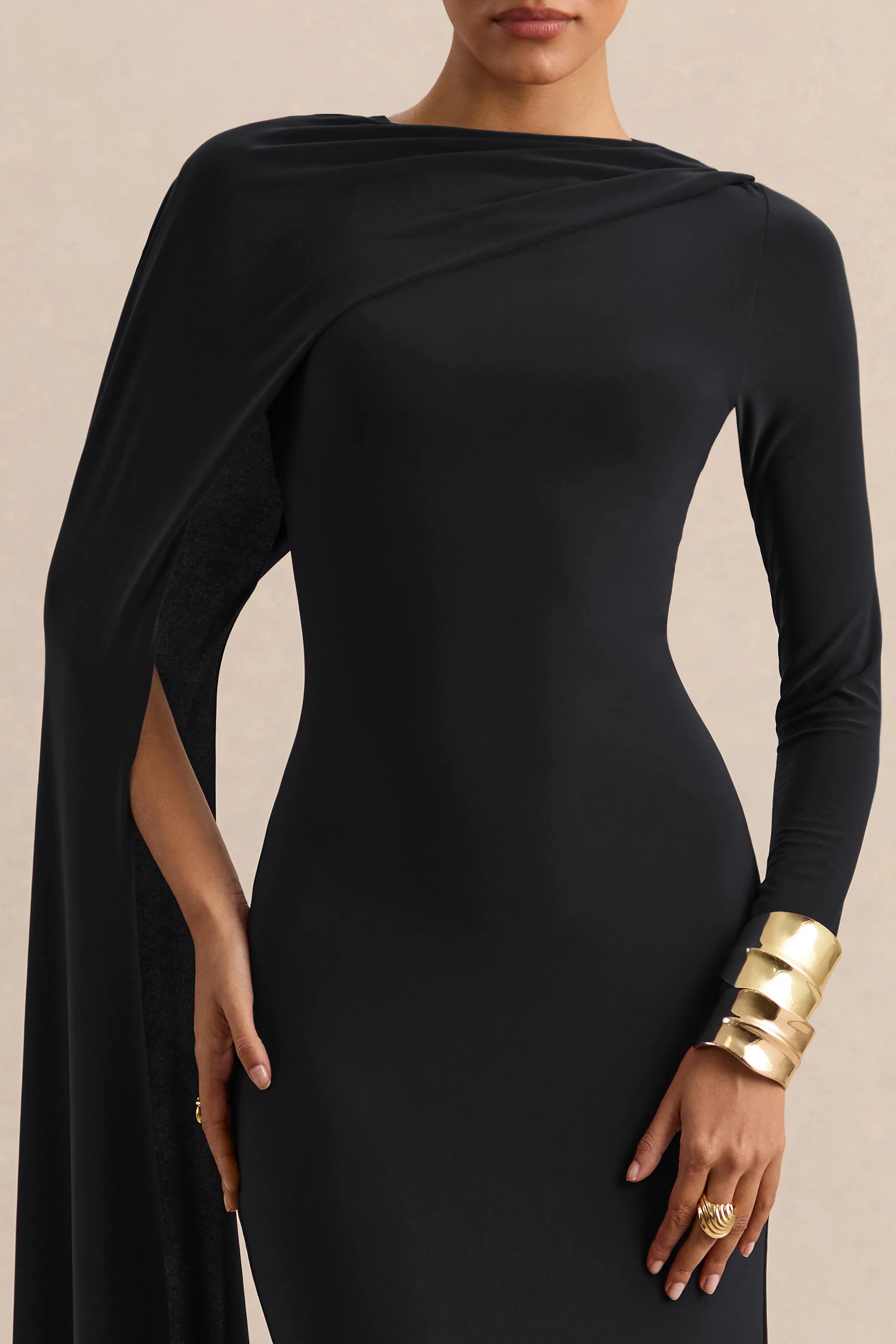 Halina | Black High-Neck Maxi Dress With Cape-Sleeve sold by Club L London product image thumbnail 2