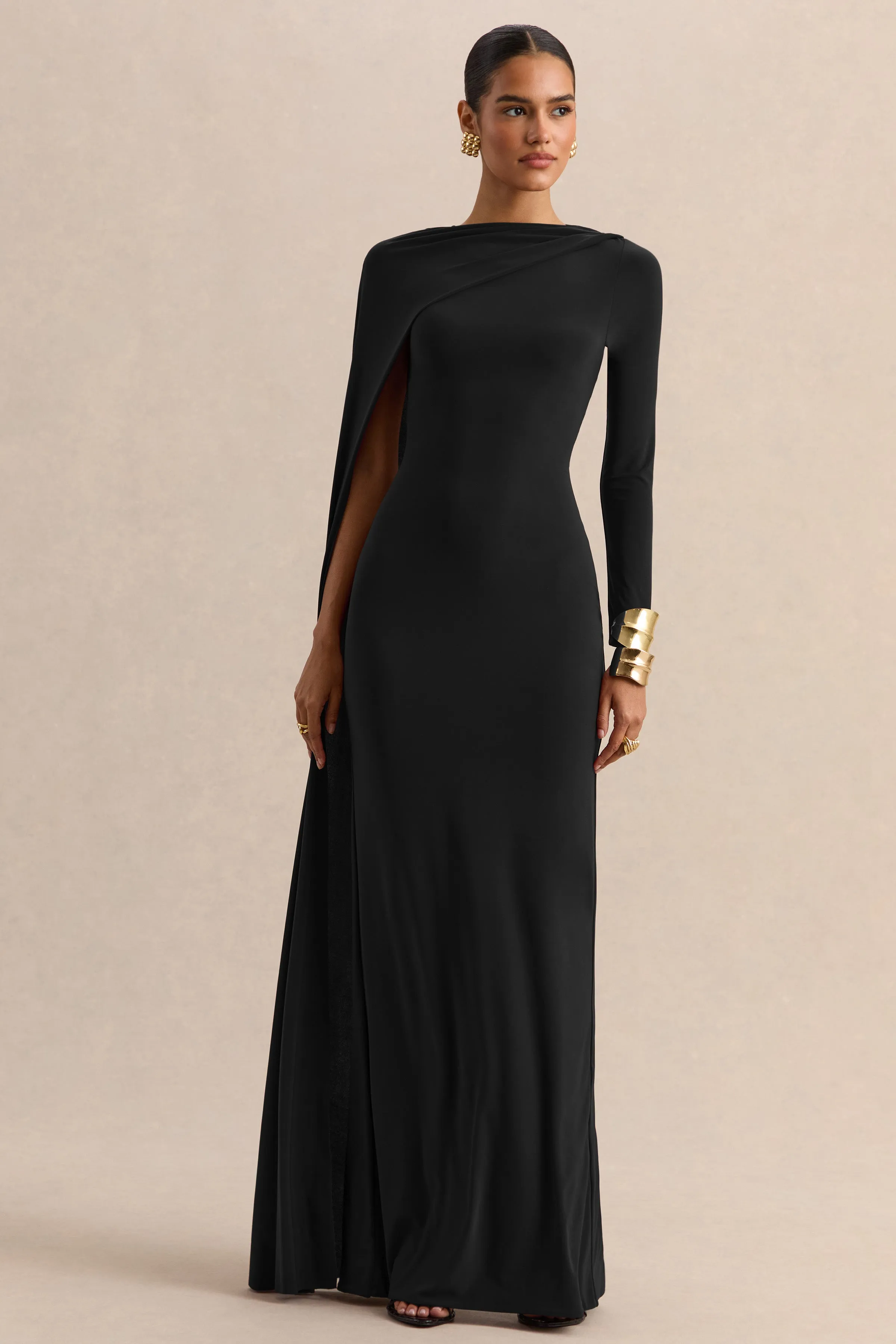 Halina | Black High-Neck Maxi Dress With Cape-Sleeve sold by Club L London product image thumbnail 3