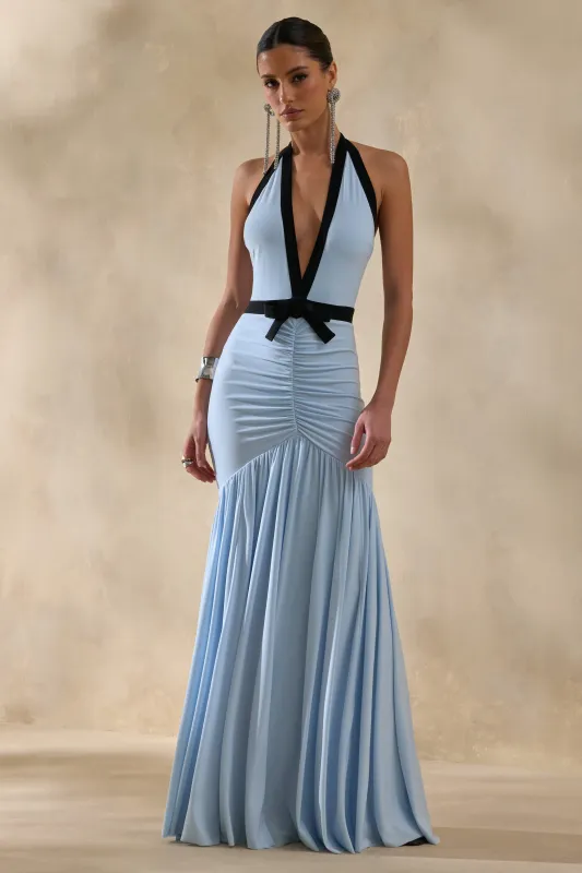 Cosmina | Powder Blue Plunge-Neck Maxi Dress With Bow-Detail made by Club L London