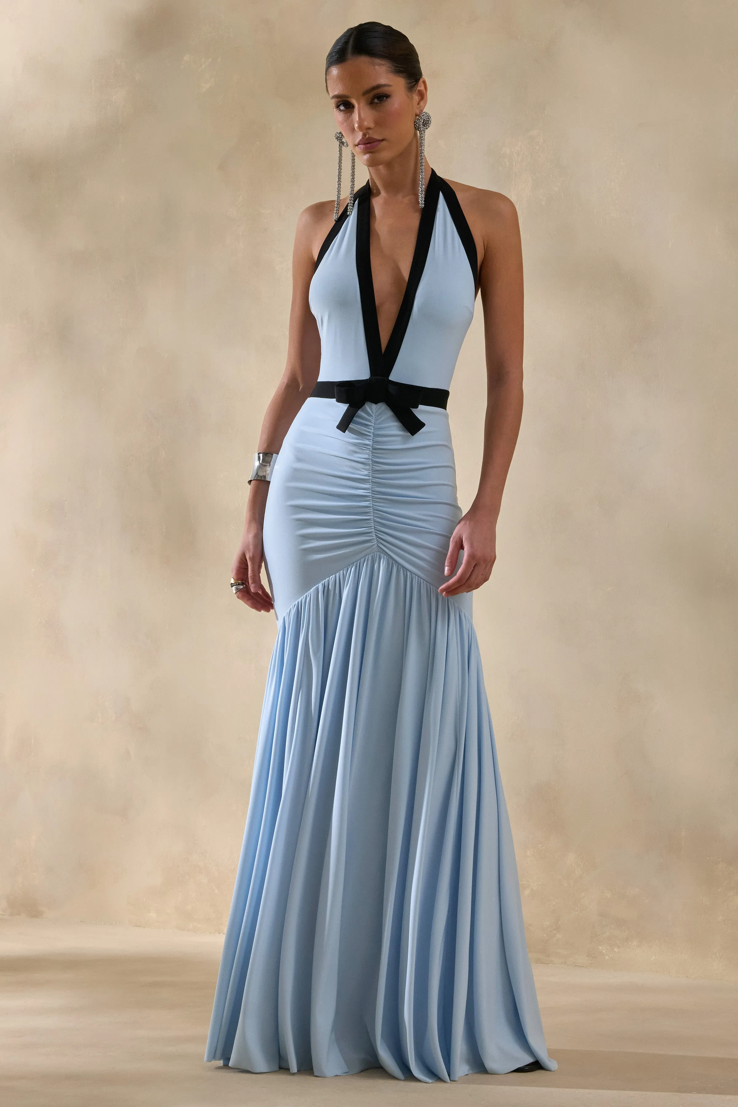 Cosmina | Powder Blue Plunge-Neck Maxi Dress With Bow-Detail sold by Club L London