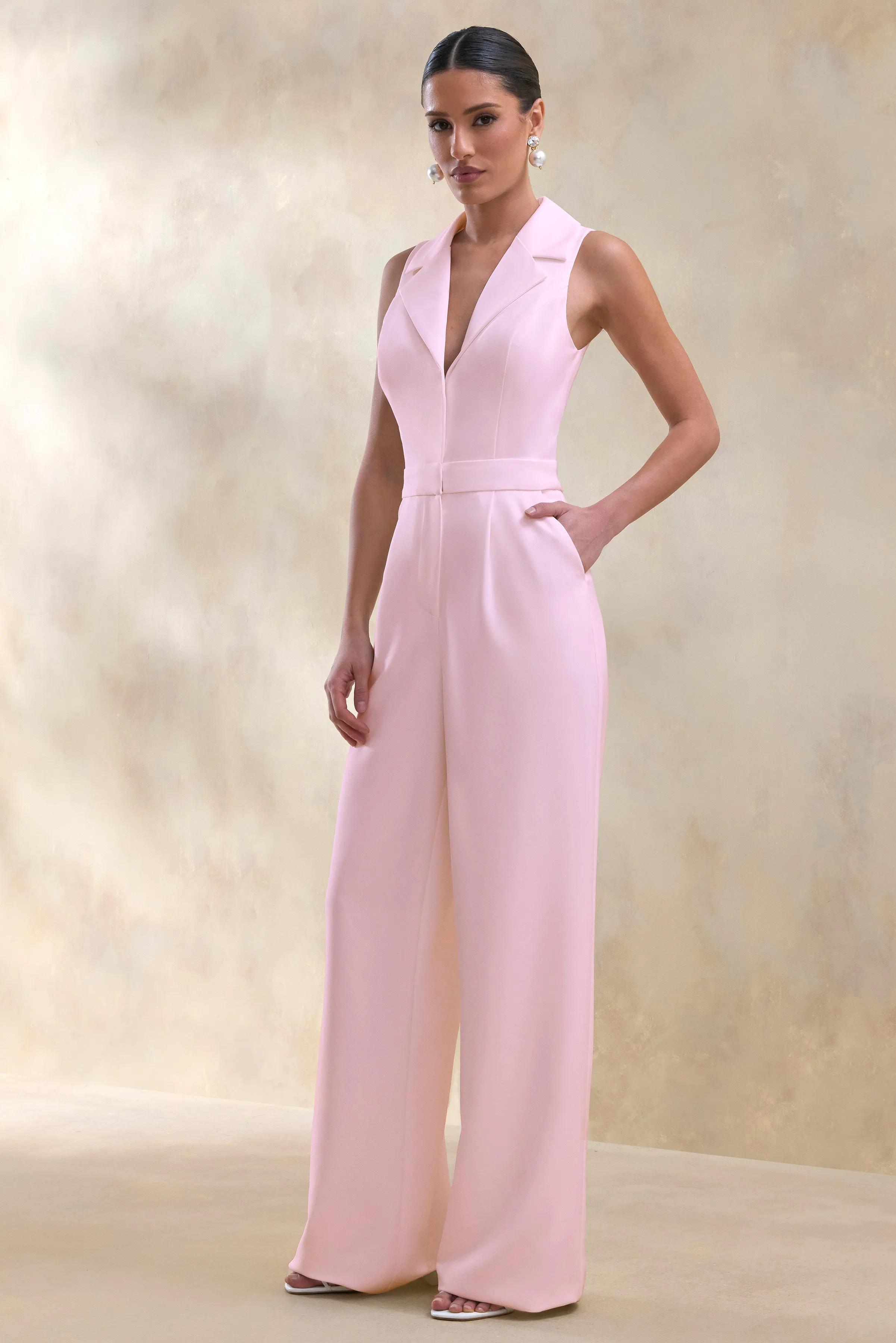 Brillora | Light Pink Plunge-Neck Tailored Jumpsuit sold by Club L London product image thumbnail 5