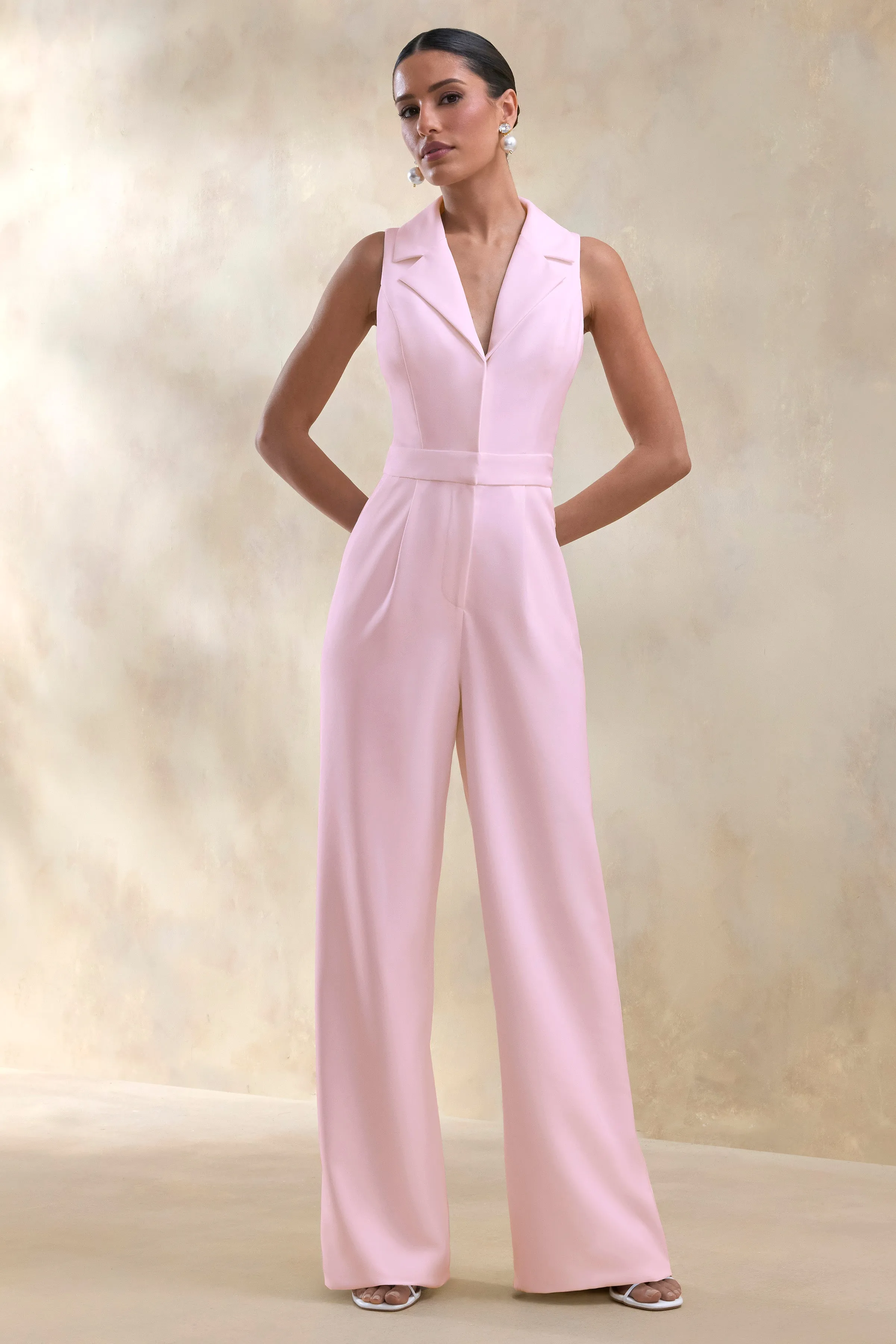 Brillora | Light Pink Plunge-Neck Tailored Jumpsuit sold by Club L London product image thumbnail 4