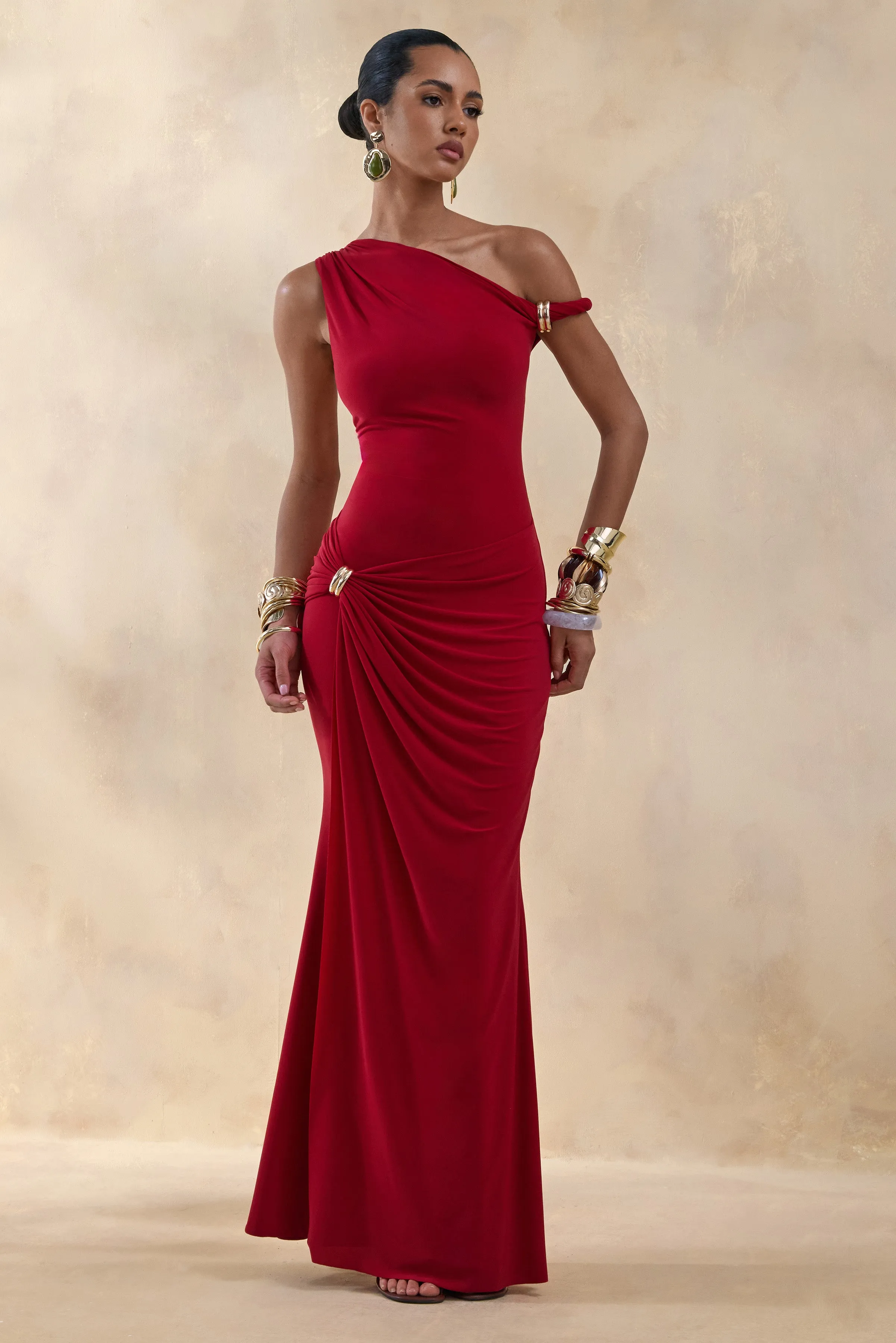 Caelia | Red Asymmetric-Neck Maxi Dress With Gold-Detailing And Sash sold by Club L London product image thumbnail 4