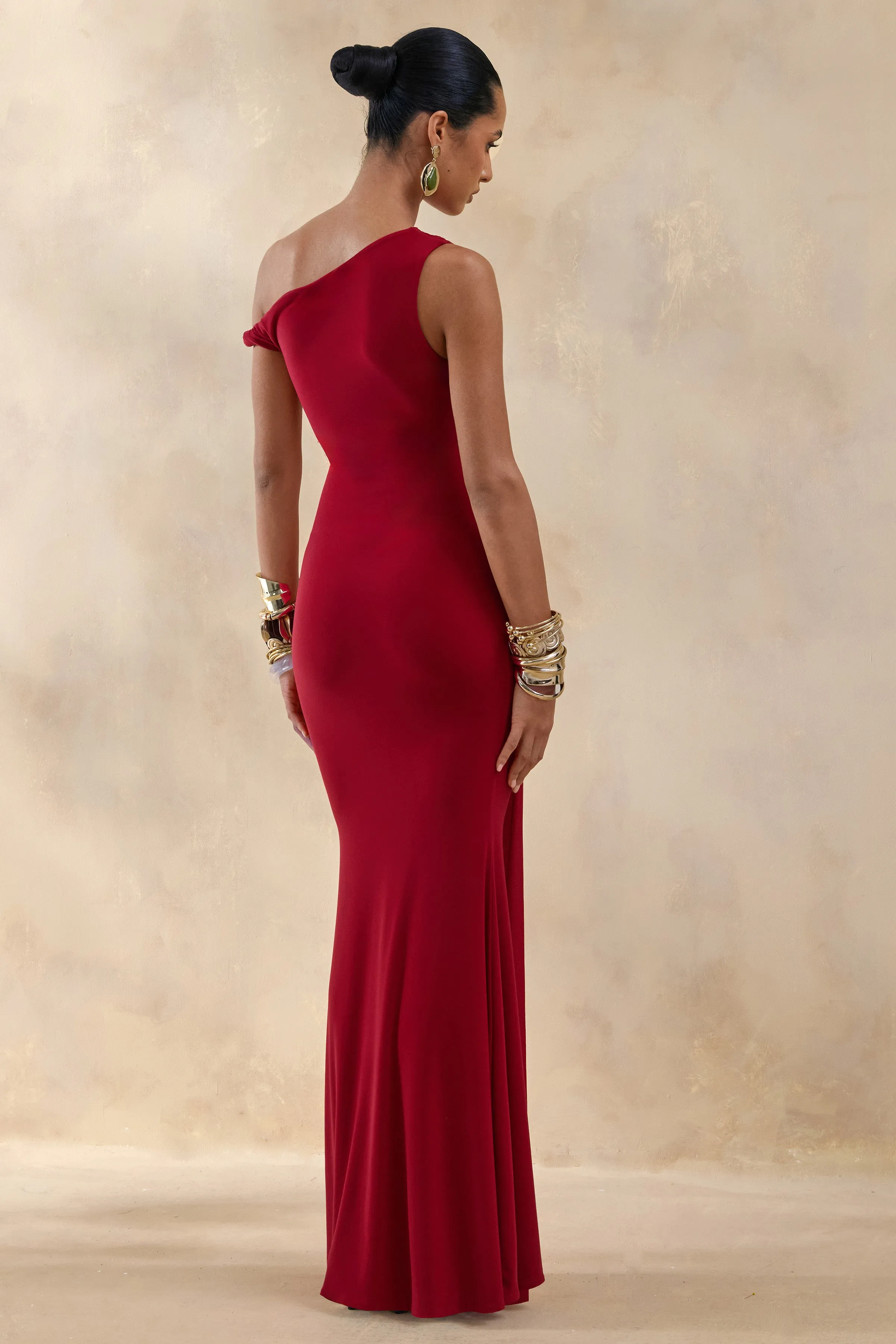 Caelia | Red Asymmetric-Neck Maxi Dress With Gold-Detailing And Sash sold by Club L London product image thumbnail 2