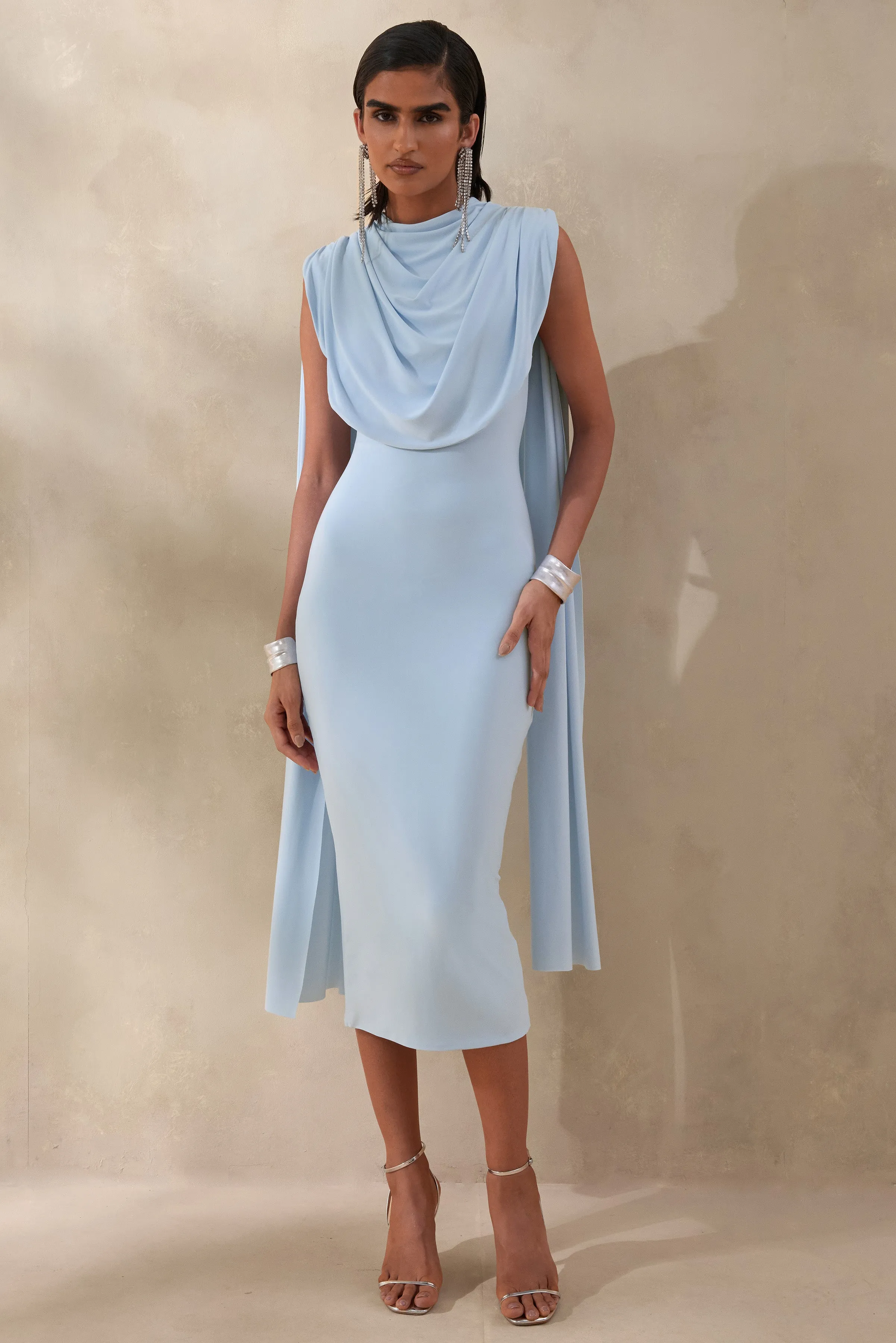 Lysandria | Powder Blue High-Neck Midi Dress With Draped-Detailing sold by Club L London product image thumbnail 4