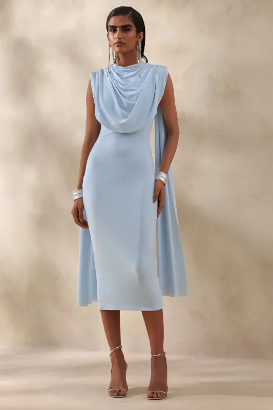 Lysandria | Powder Blue High-Neck Midi Dress With Draped-Detailing made by Club L London