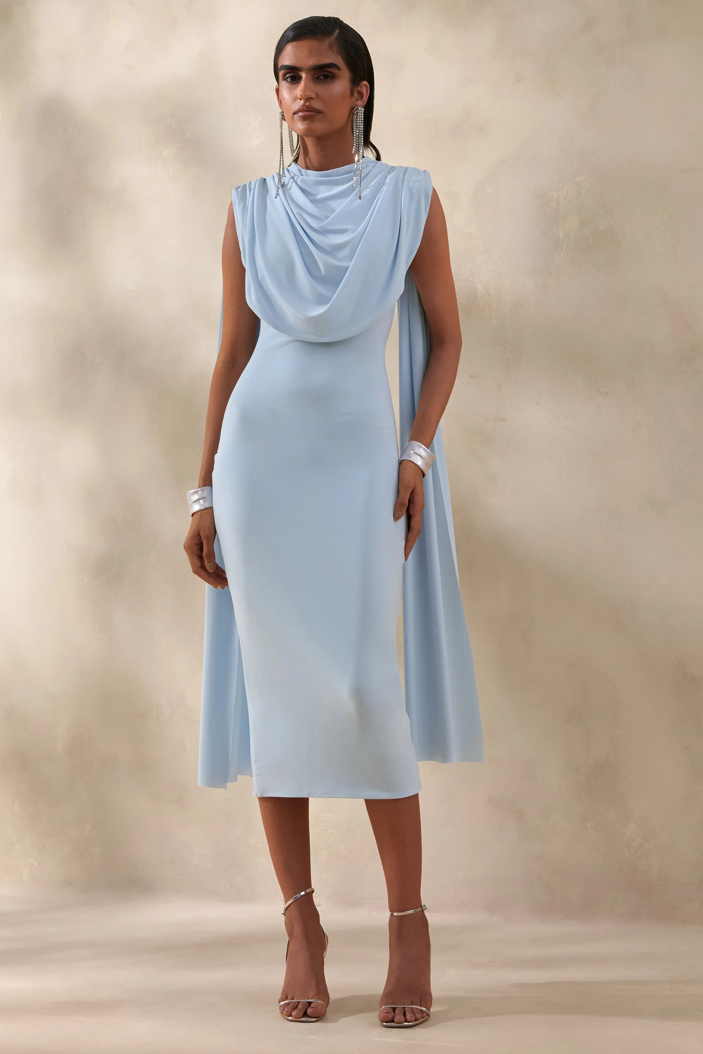 Lysandria | Powder Blue High-Neck Midi Dress With Draped-Detailing sold by Club L London