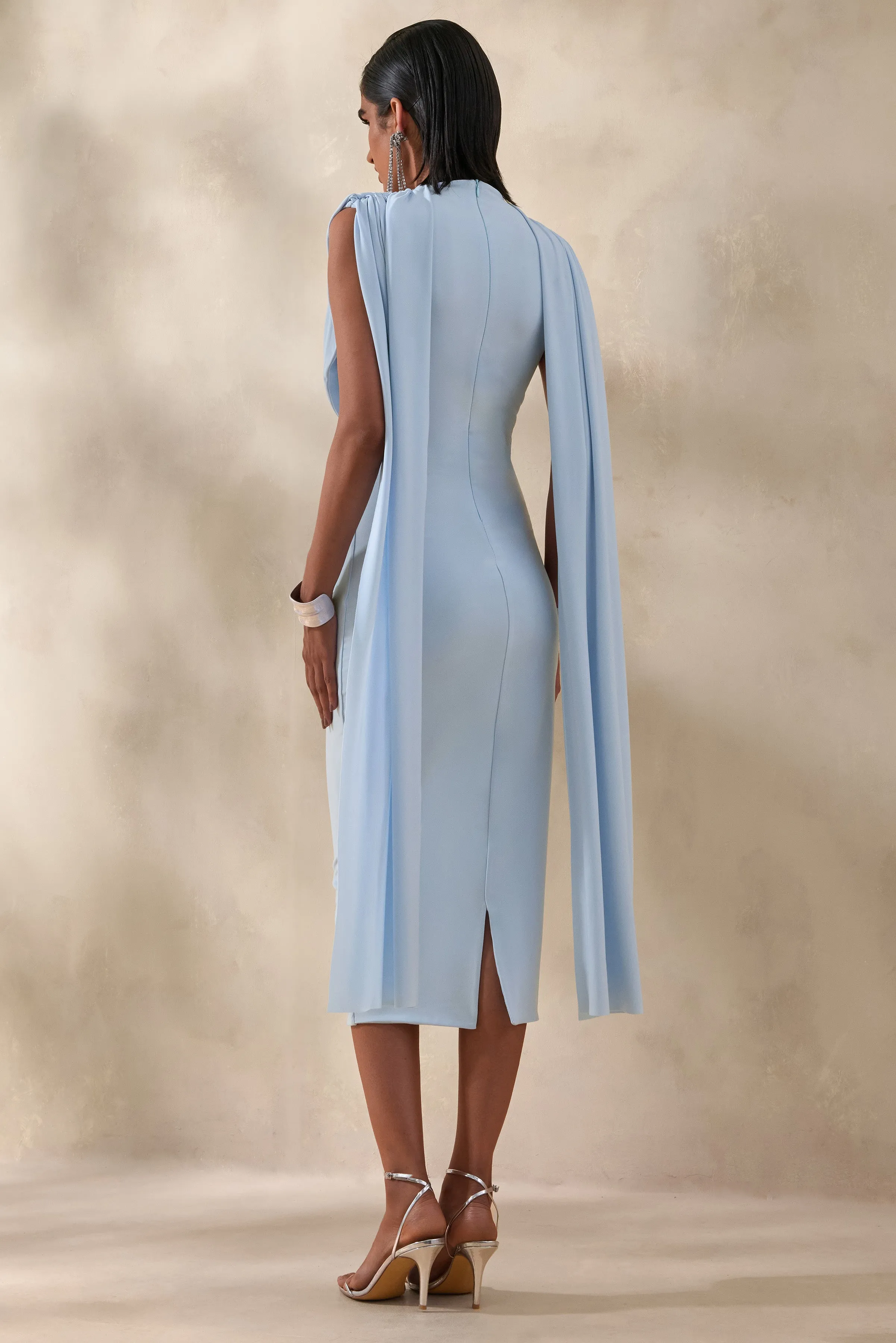 Lysandria | Powder Blue High-Neck Midi Dress With Draped-Detailing sold by Club L London product image thumbnail 2