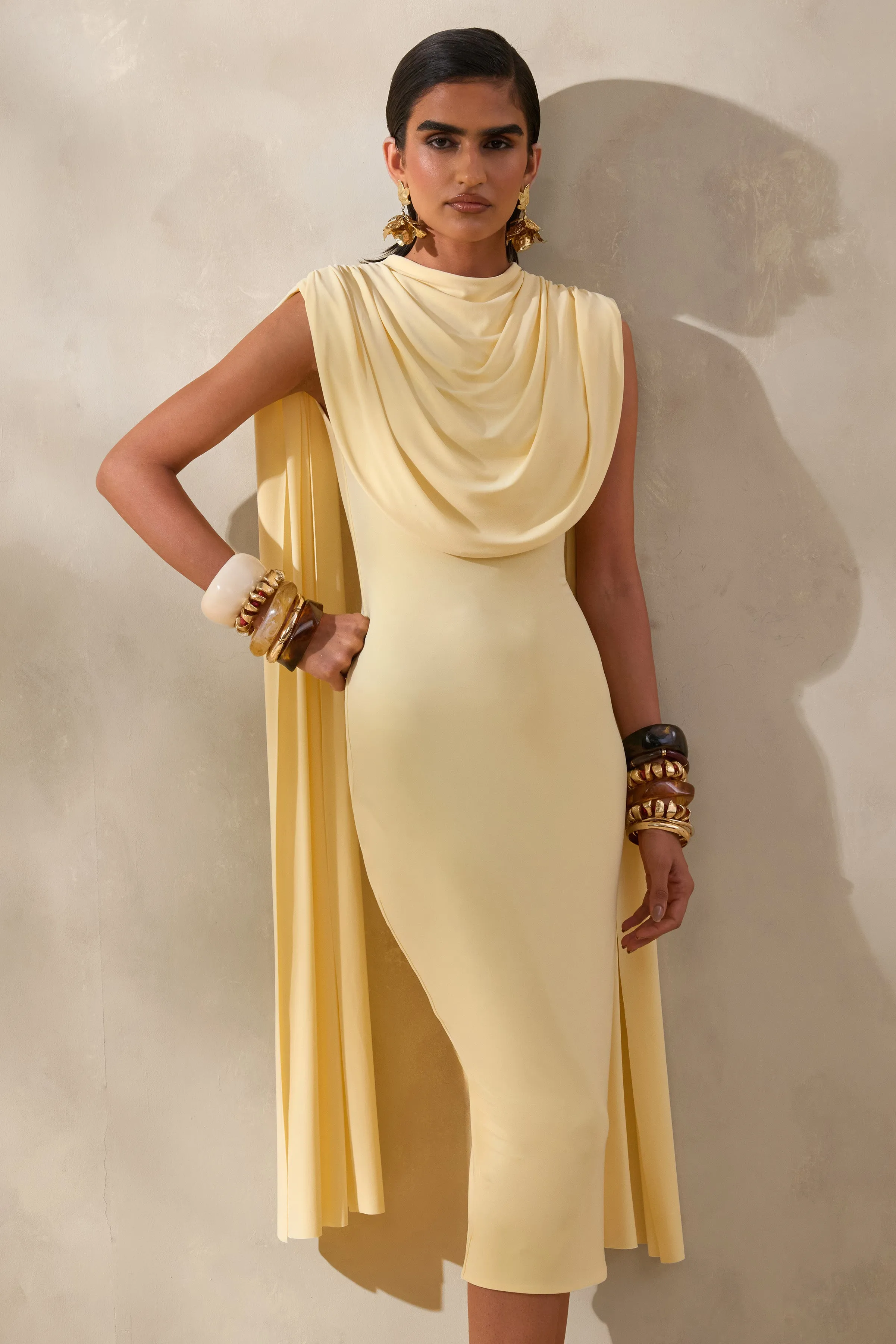 Lysandria | Lemon High-Neck Midi Dress With Draped-Detailing sold by Club L London product image thumbnail 3