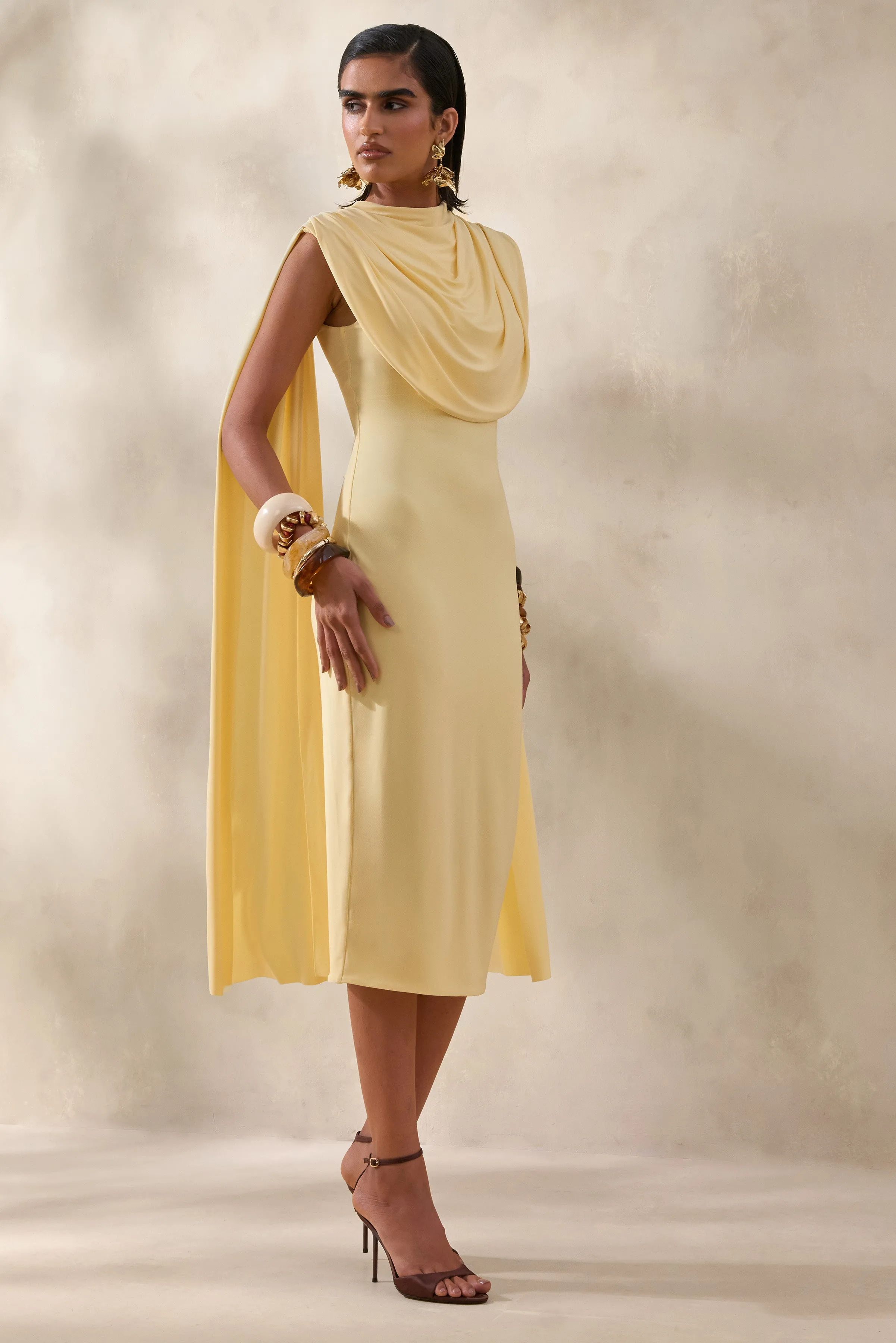 Lysandria | Lemon High-Neck Midi Dress With Draped-Detailing sold by Club L London product image thumbnail 4