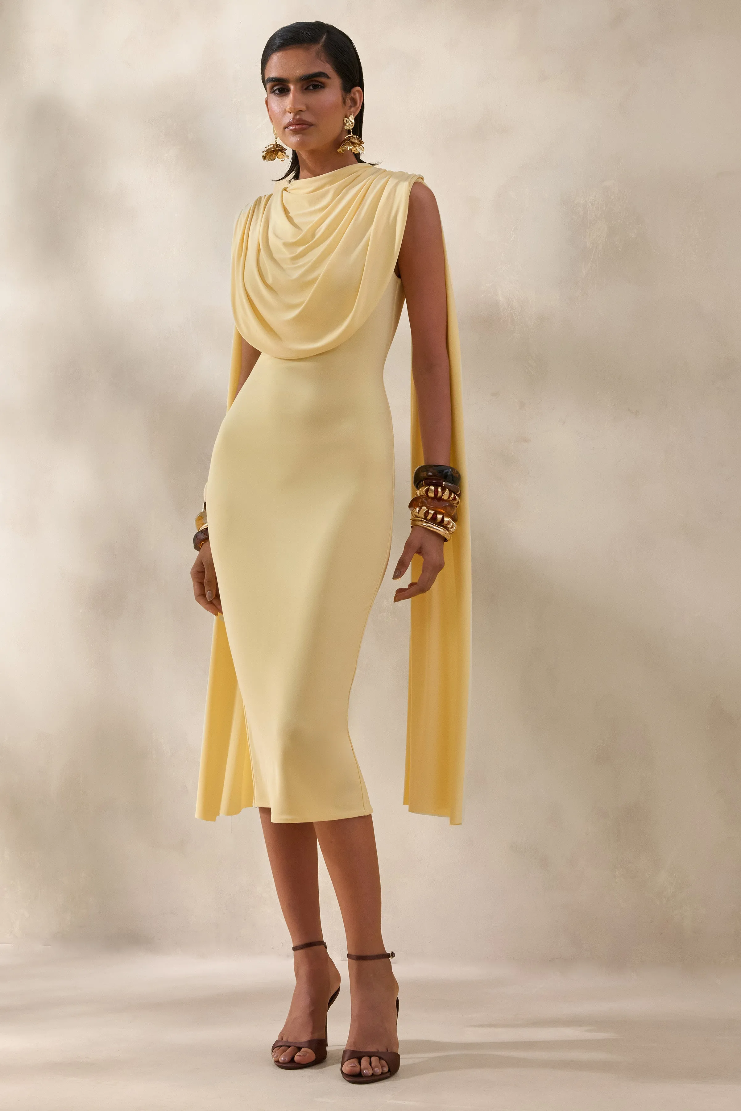 Lysandria | Lemon High-Neck Midi Dress With Draped-Detailing sold by Club L London