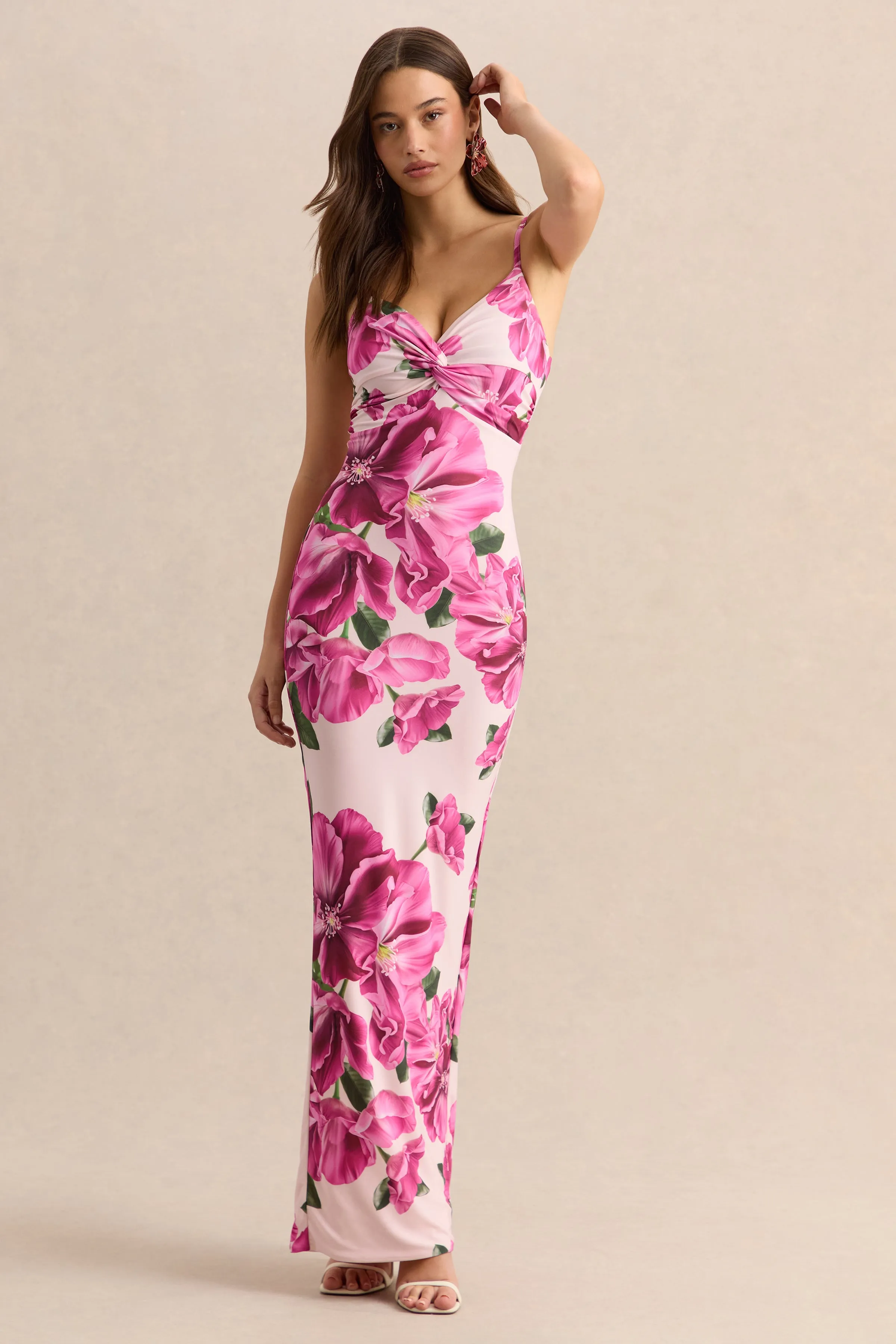 Luz | Pink Hibiscus Floral Print Strappy Maxi Dress sold by Club L London product image thumbnail 4