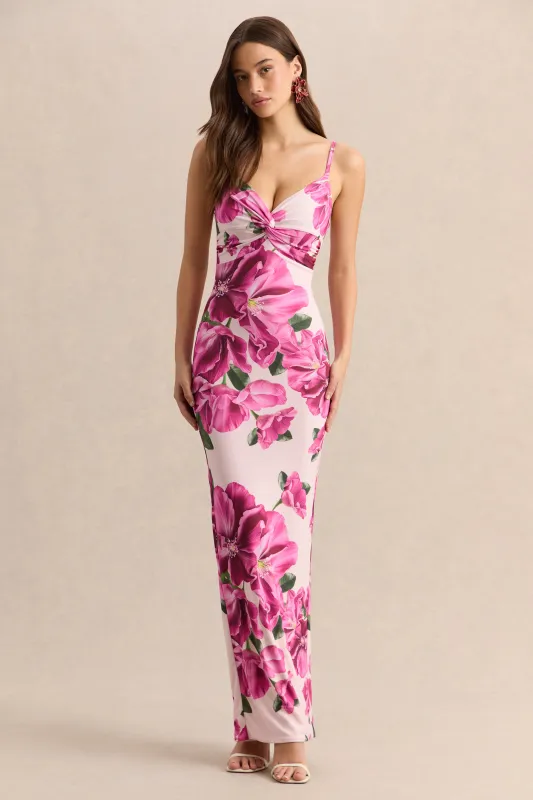 Luz | Pink Hibiscus Floral Print Strappy Maxi Dress made by Club L London