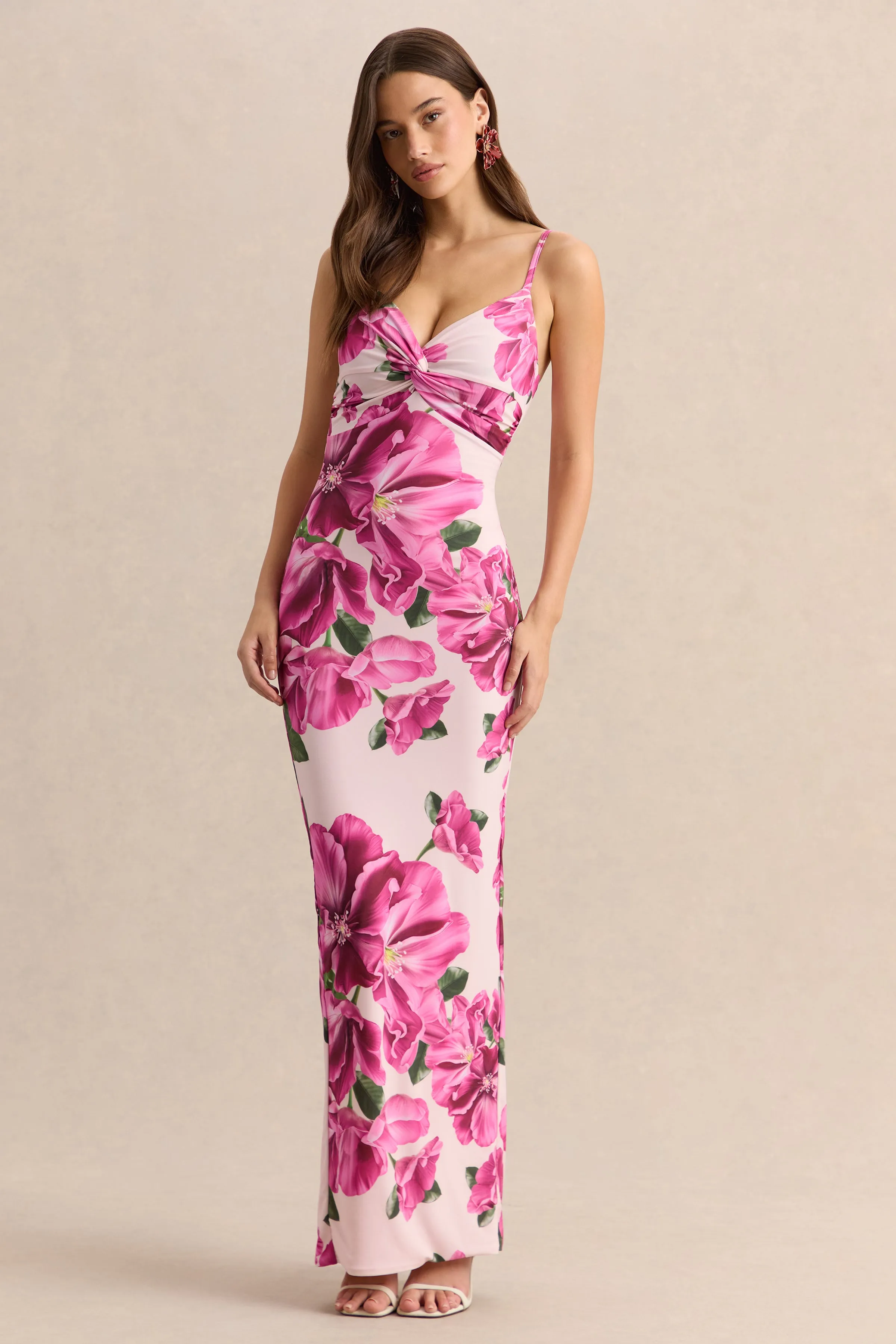 Luz | Pink Hibiscus Floral Print Strappy Maxi Dress sold by Club L London product image thumbnail 5