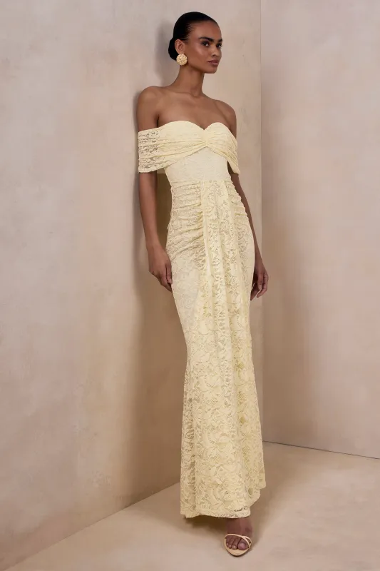 Aries | Lemon Lace Bardot-Neck Maxi Dress With Gathered Detailing made by Club L London