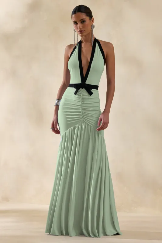 Cosmina | Mint Plunge-Neck Maxi Dress With Bow-Detail made by Club L London