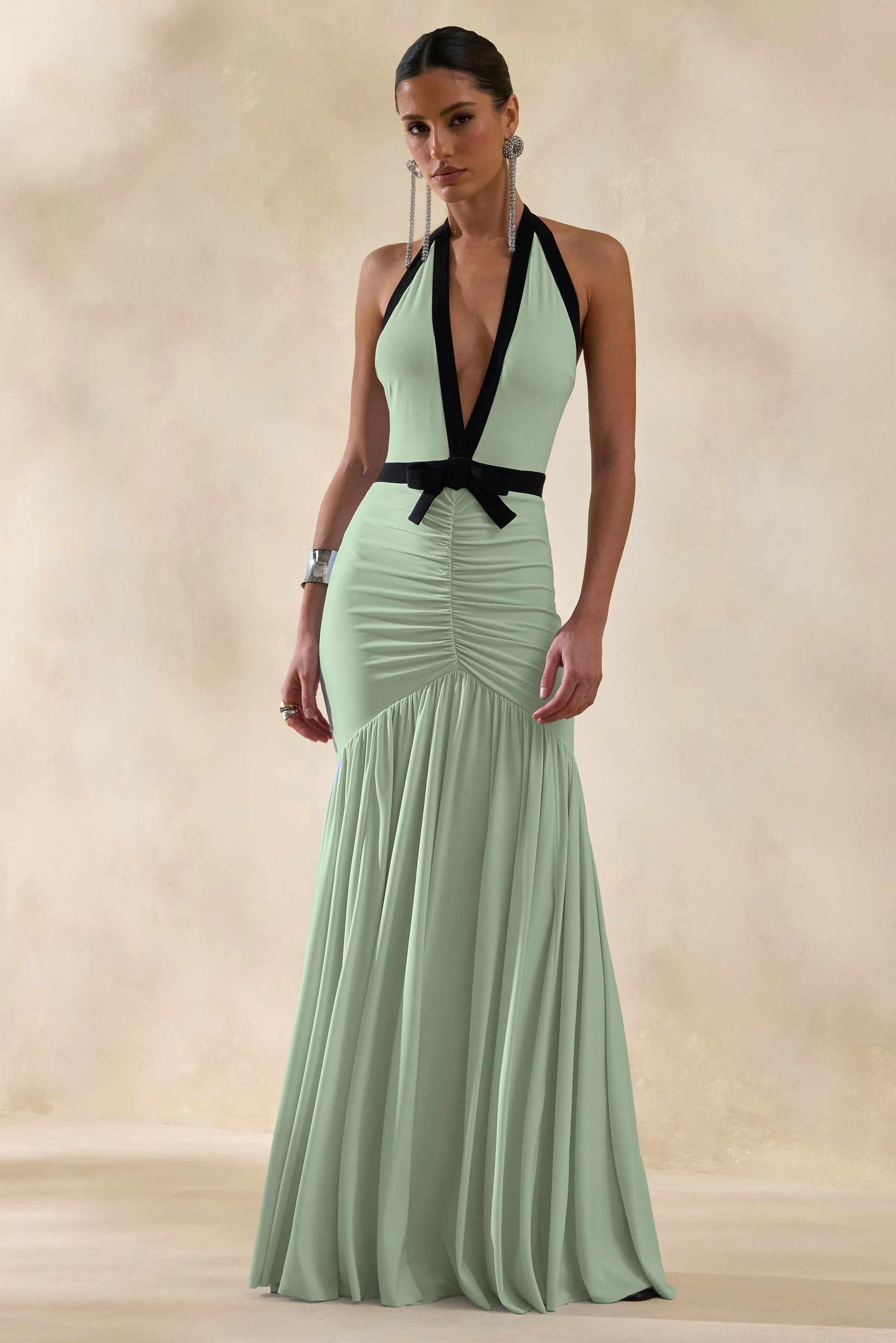 Cosmina | Mint Plunge-Neck Maxi Dress With Bow-Detail sold by Club L London
